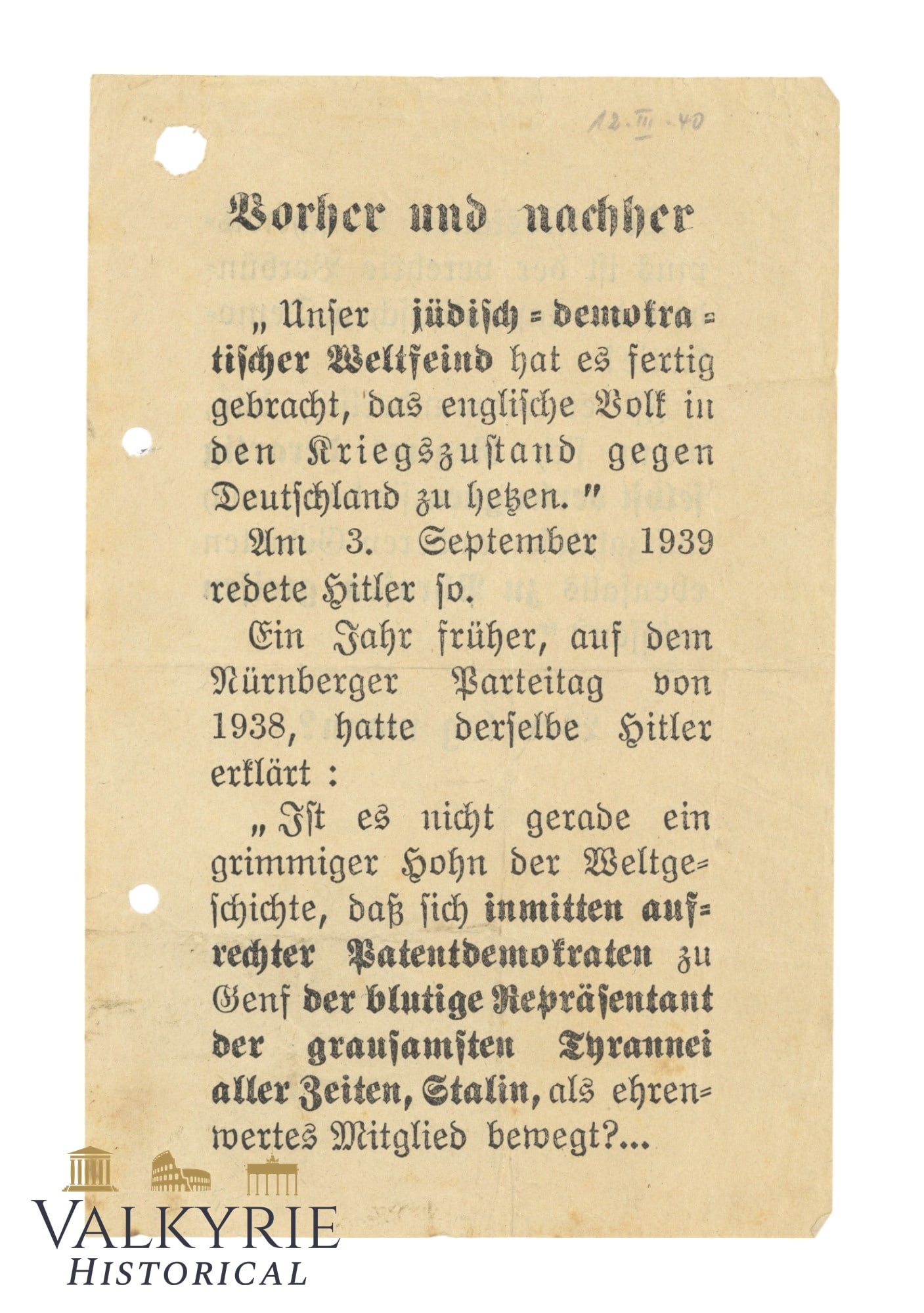 Anti-Semitic Political Propaganda Leaflet Printed by NSDAP "Who Lied When?" 1940 (1 of 2)