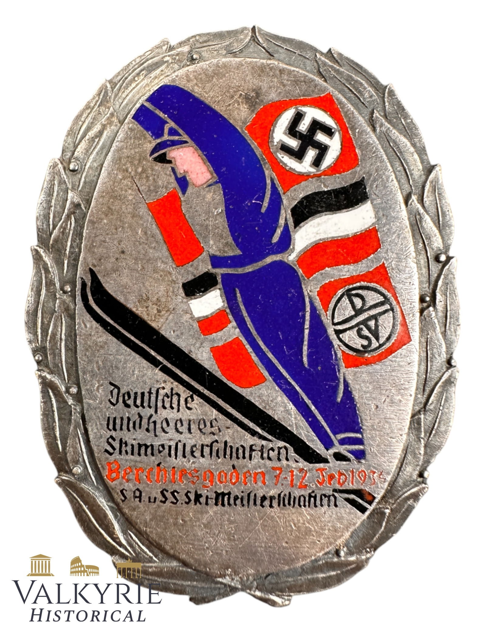 German 1934 SA and SS Ski Championship Participant Badge: 6. 1934 Participant’s Badge for the Civilian and Military (SA and SS) Ski Championship at Berchtesgaden, manufactured by Carl Poellath, Schrobenhausen. Constructed of silver-washed die-struck bronze