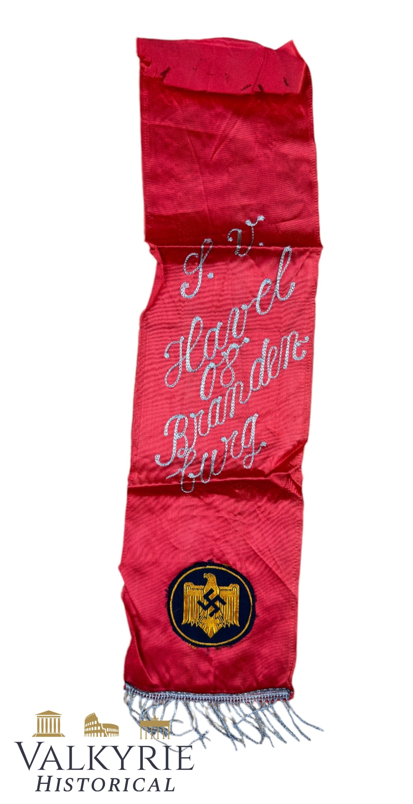 III Reich Period NSRL Trophy Sash With the Embroidered Inscription "Havel 08 Brandenburg": III Reich Period NSRL Trophy Sash With the Embroidered Inscription "Havel 08 Brandenburg". All items for this auction will be shipping from Europe. Shipping cost $25 it doesn't matter how many items y