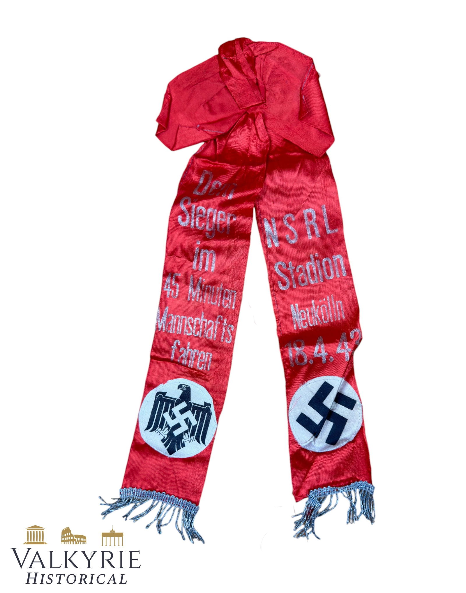 III Reich Period NSRL Sports Contest Sash "The Winner of the 45 min Team Drive - NSRL Stadium 1943": III Reich Period NSRL Sports Contest Sash "The Winner of the 45 min Team Drive - NSRL Stadium Neukolln 18.4.1943". All items for this auction will be shipping from Europe. Shipping cost $25 it doesn't