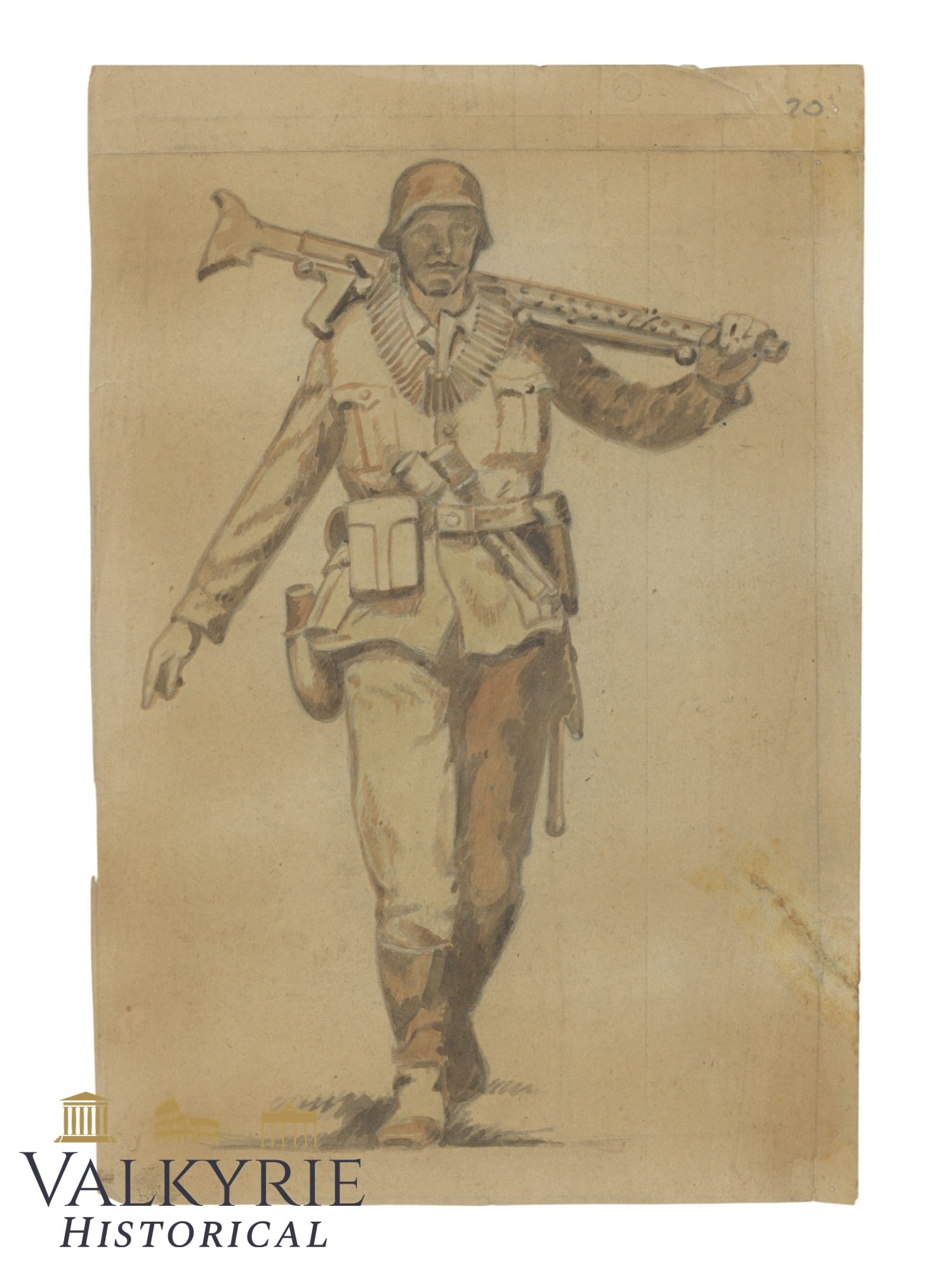 Artwork Done By Wehrmacht Soldier Called Weber in the Front During WW2: Artwork Done By Wehrmacht Soldier Called Weber in the Front During WW2 from whom some other drawings are being auctioned in this auction. Watercolour representing a Wehrmacht soldier carrying a Mg34 m