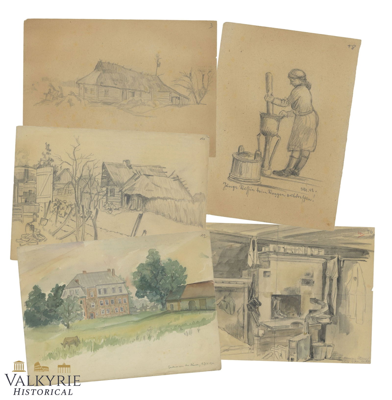 5 Artworks Done By Wehrmacht Soldier Called Weber in the Front During WW2: 5 Artworks Done By Wehrmacht Soldier Called Weber in the Front During WW2 from whom some other drawings are being auctioned in this auction. One is a watercolour and the other 4 are charcoals. All rep