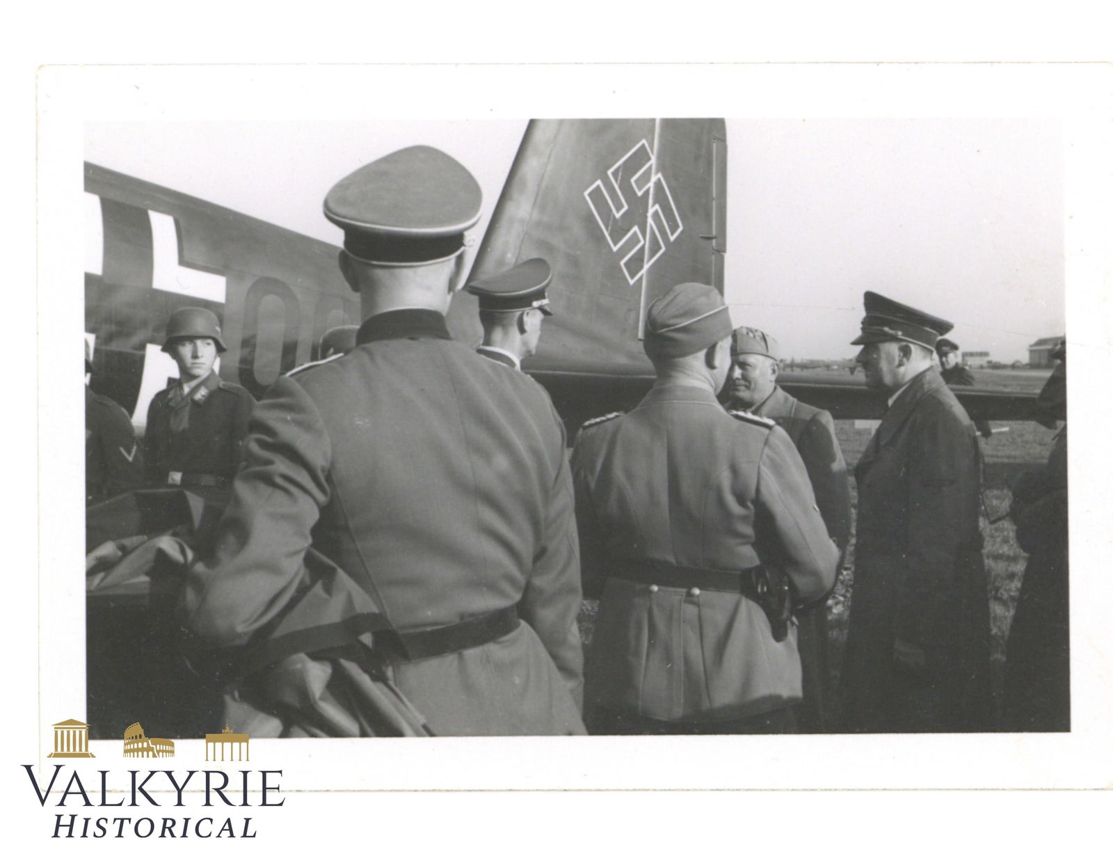 Excellent Photo of Adolf Hitler Receiving Il Duce Mussolini Next to a German Aircraft (1 of 2)