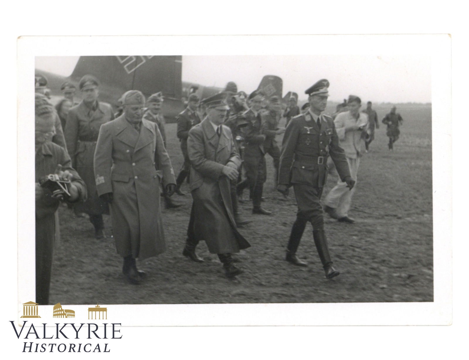 Excellent Photo of Adolf Hitler Receiving Il Duce Mussolini Next to a German Aircraft (1 of 2)