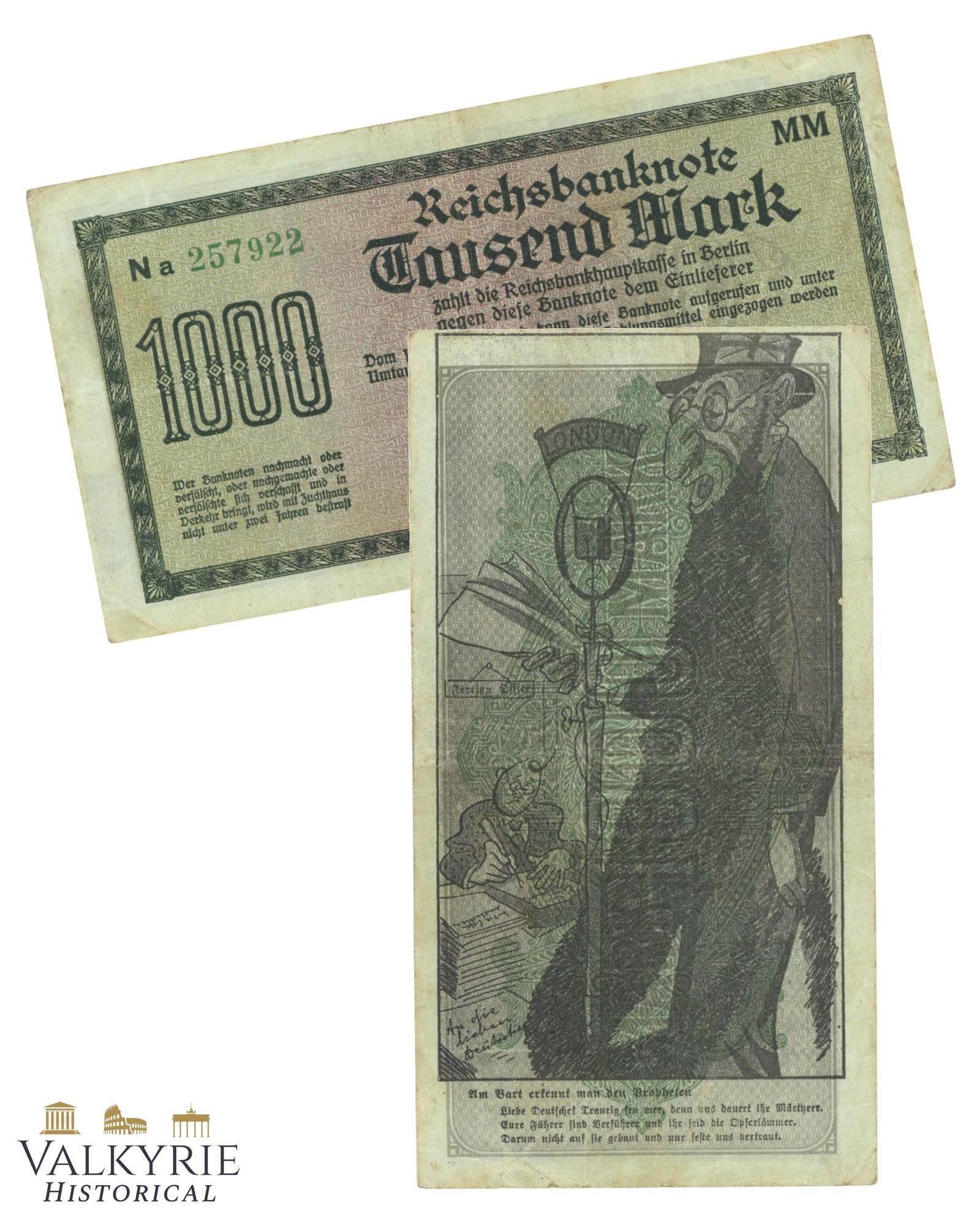 German 1000 Marks Banknote With Anti-Semitic Imprint by NSDAP: German 1000 Marks Banknote With Anti-Semitic Imprint by NSDAP. Cartoon representing a Jew with a cap with Great Britain flag talking in the radio in London. Jewish conspiracy from the UK. All items fo