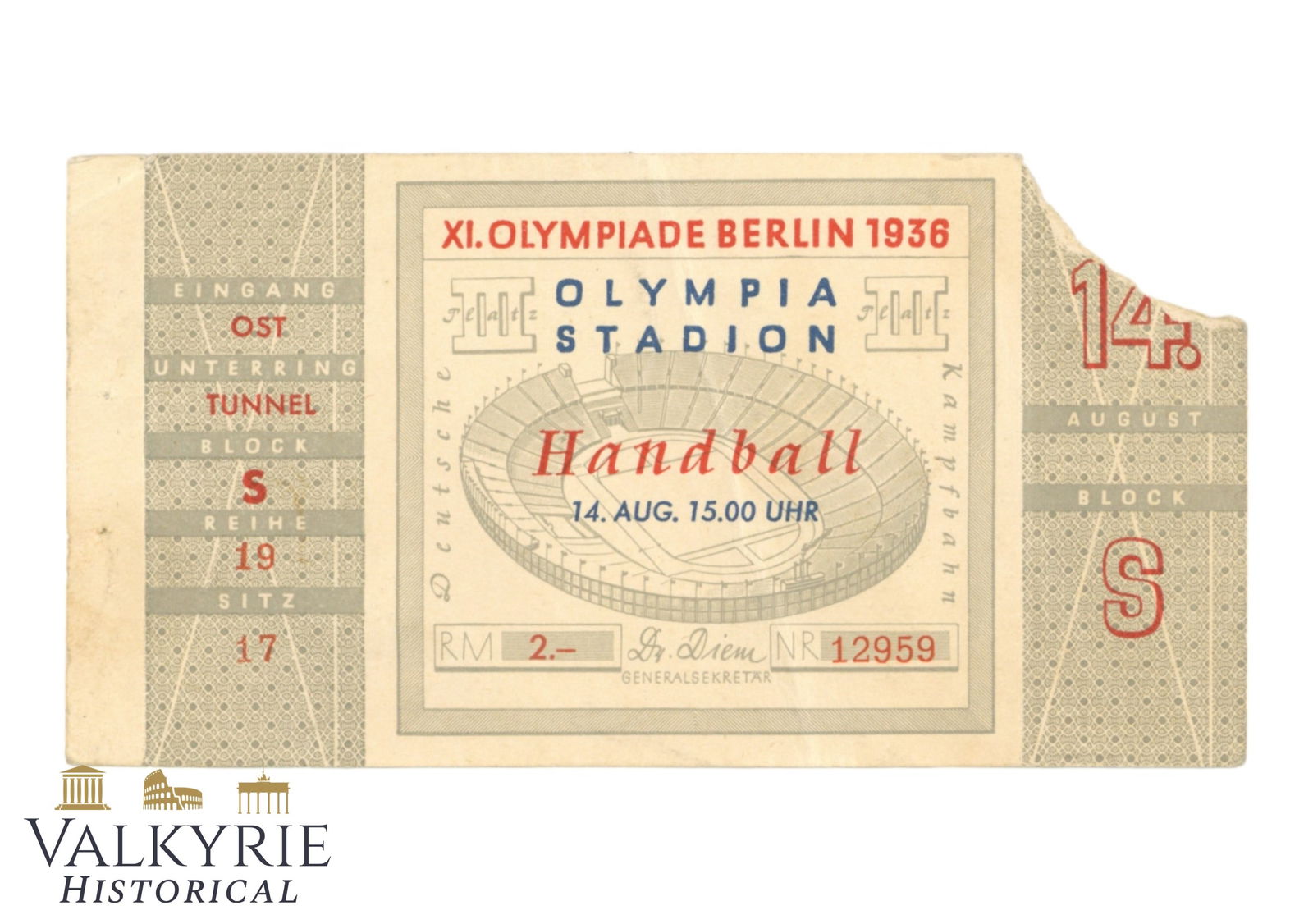 Rare Ticket For the Berlin 1936 Olympic Games - Handball: Nazi Rare Ticket For the Berlin 1936 Olympic Games - Handball. All items for this auction will be shipping from Europe. Shipping cost $25 it doesn't matter how many items you win.