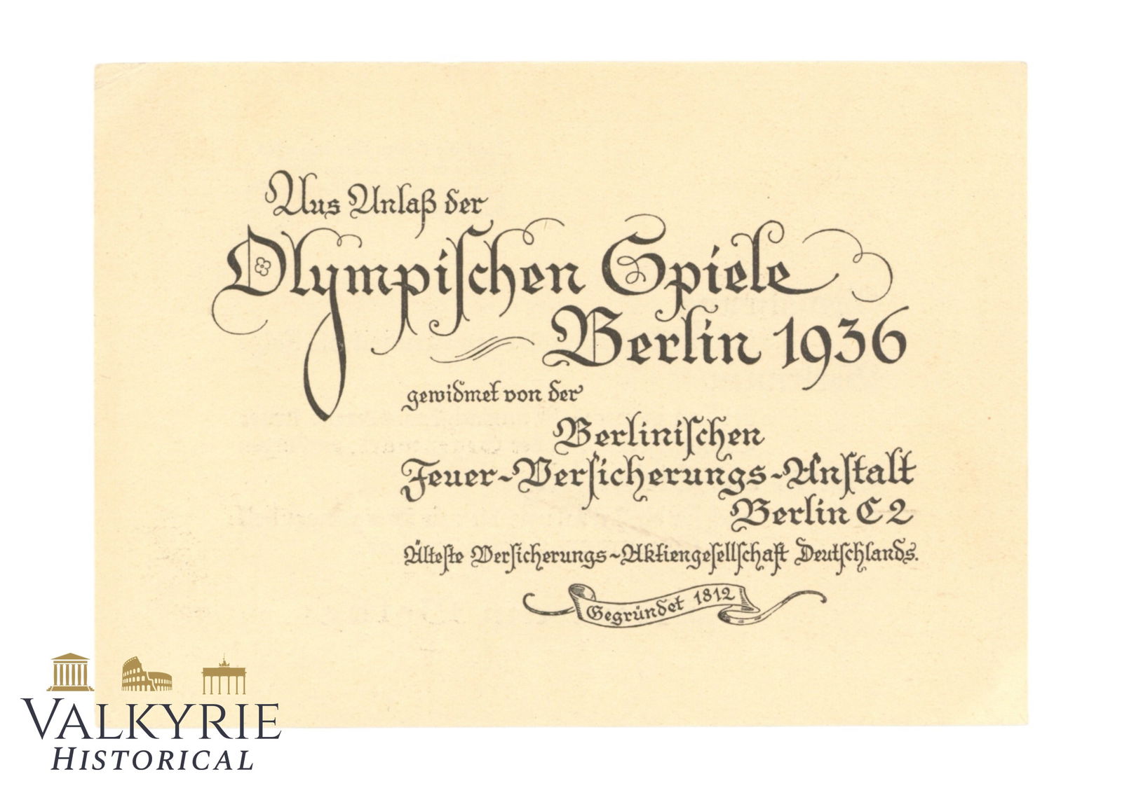 Card Dedicated to the Berlin Fire Extinguishing Institute on the Occasion of the Berlin Olympics (1 of 2)