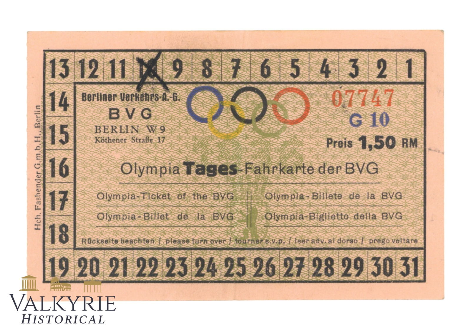 Ticket Printed Specially by Berlin Transport Company for the 1936 Berlin Olympic Games: Ticket Printed Specially by Berlin Transport Company for the 1936 Berlin Olympic Games. Ticket for one day. All items for this auction will be shipping from Europe. Shipping cost $25 it doesn't matter