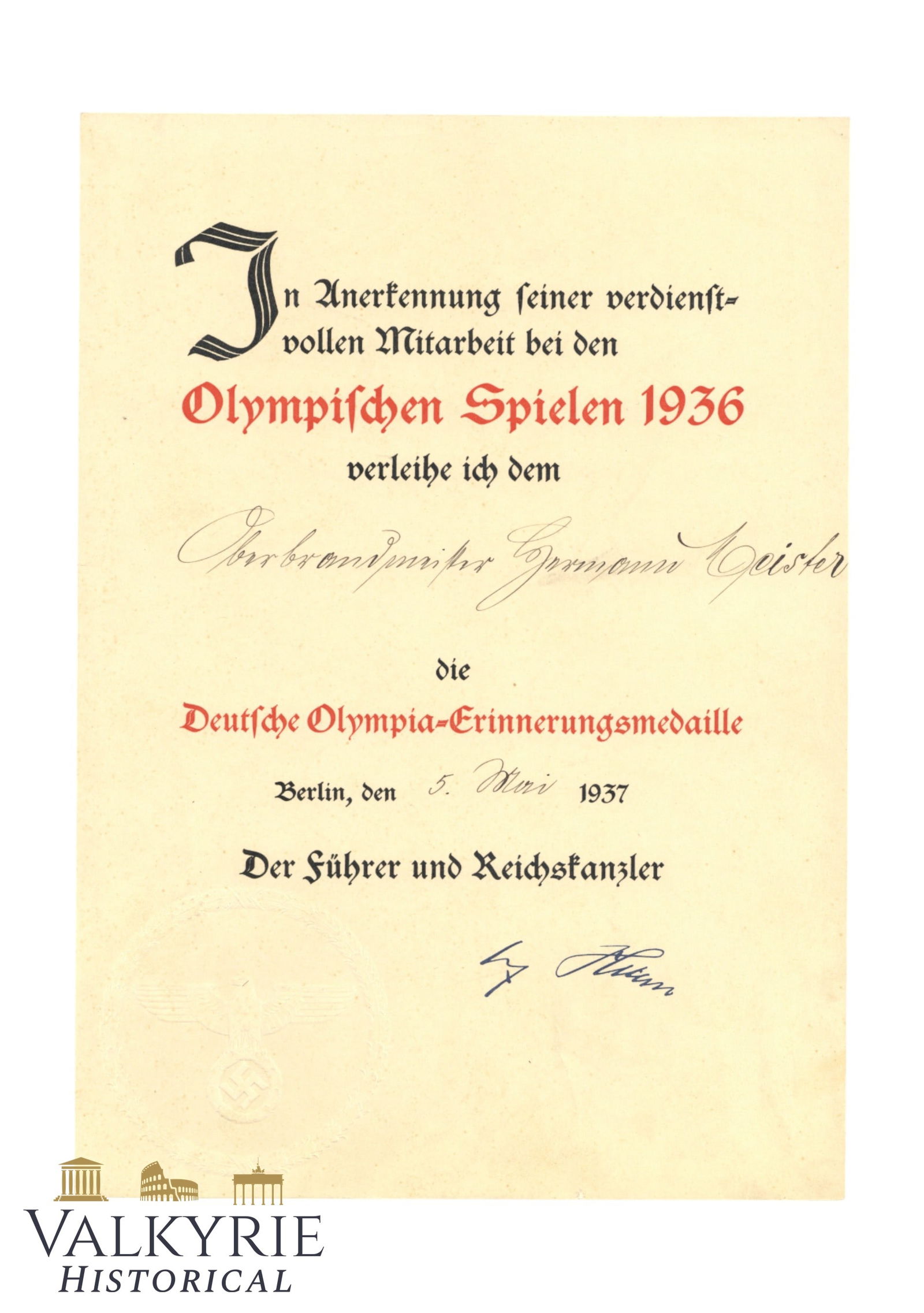 1936 Olympic Games Commorative Medal Award Certificate Issued in 1937 to a Collaborator: 1936 Olympic Games Commutative Medal Award Certificate Issued in 1937 to a Collaborator. Medal awarded to collaborators in recognition of their meritorious cooperation during the Games.With facsimile