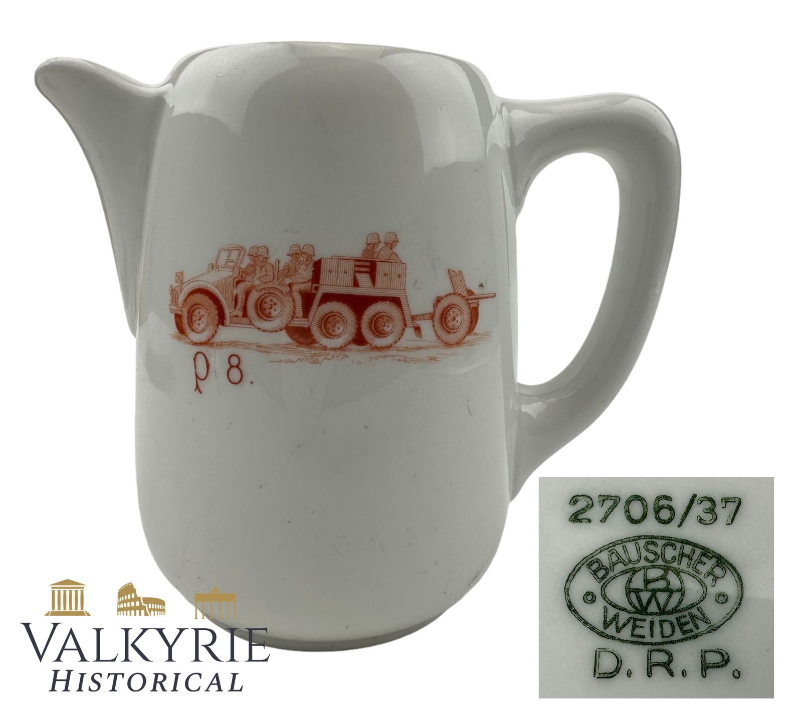 Commemorative Pot With a Drawing of a Wehrmacht Artillery Truck and Heavy Artillery Piece: Commemorative Pot With a Stamped Drawing of a Wehrmacht Artillery Truck and Heavy Artillery Piece. Manufacturer Stamp on the bottom "Bauscher - Weiden". All items for this auction will be shipping fro