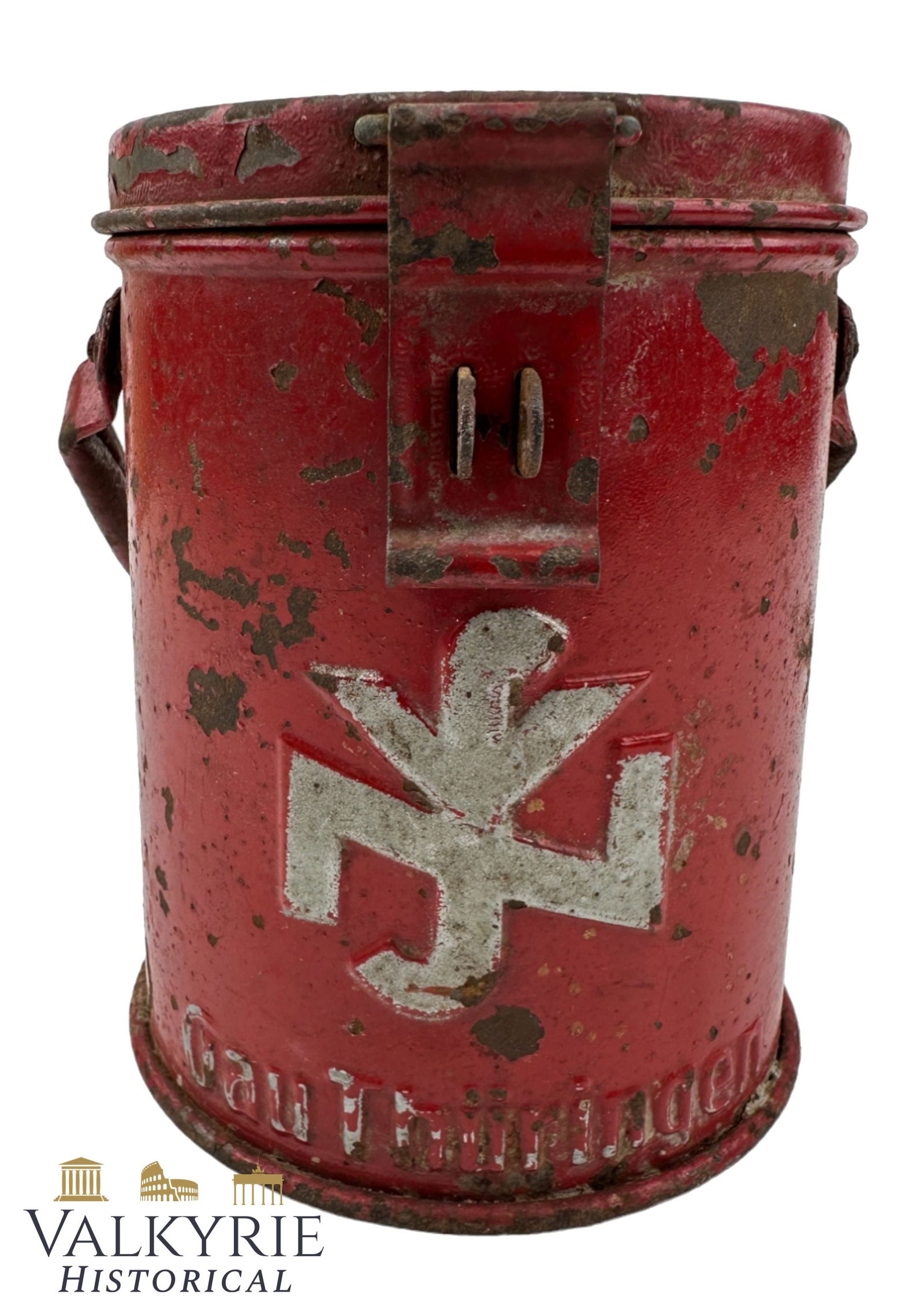 Donation Tin of the National Socialist People's Welfare (NSV) - Gau Thuringen: Donation Tin of the National Socialist People's Warfare (NSV) of the Gau Thuringen. With a slot for coins and another one for banknotes. The logo of the NSV in relief and the manufacturer on the botto
