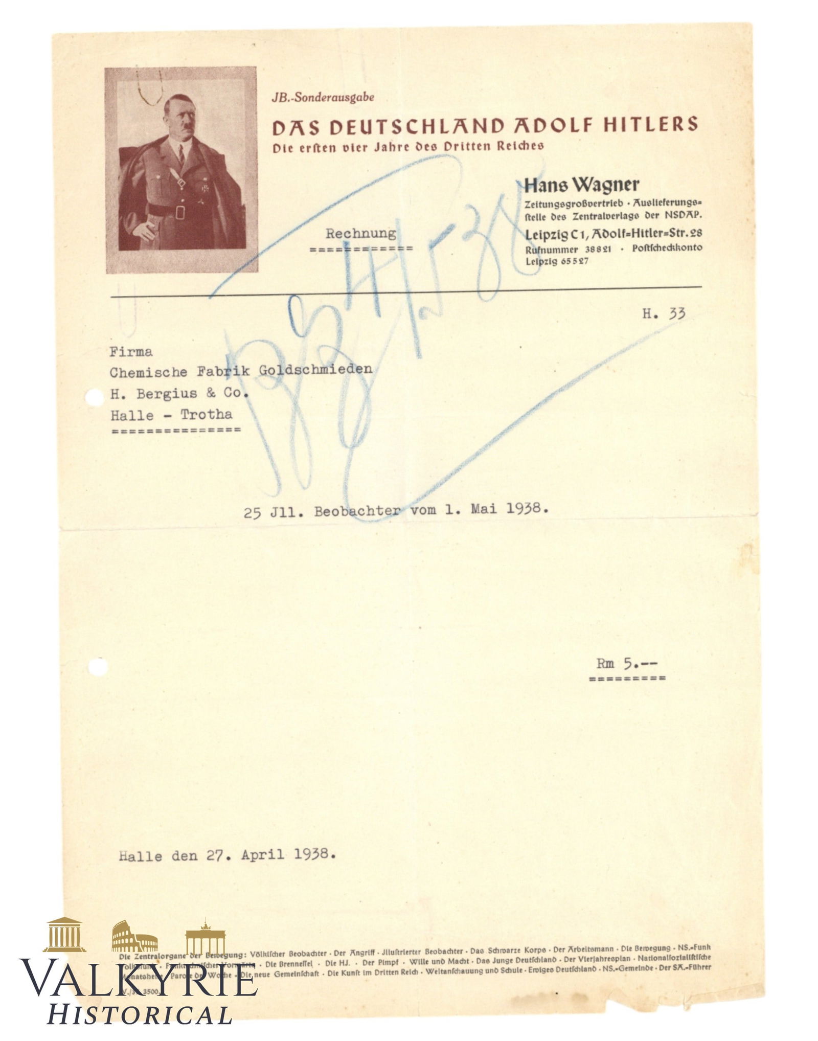 Rare Receipt Issued to a Company in Halle for the Purchase of Illustrierter Beobachter Special Book (1 of 2)
