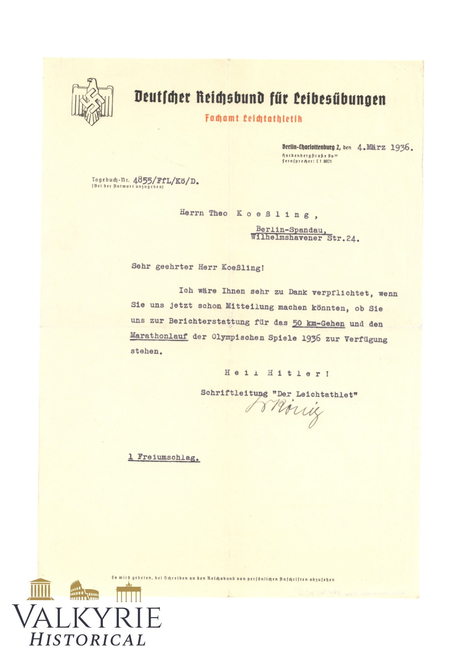 Letter Sent by German Reich Association for Physical Exercise to a Journalist About Olympic Games (1 of 2)
