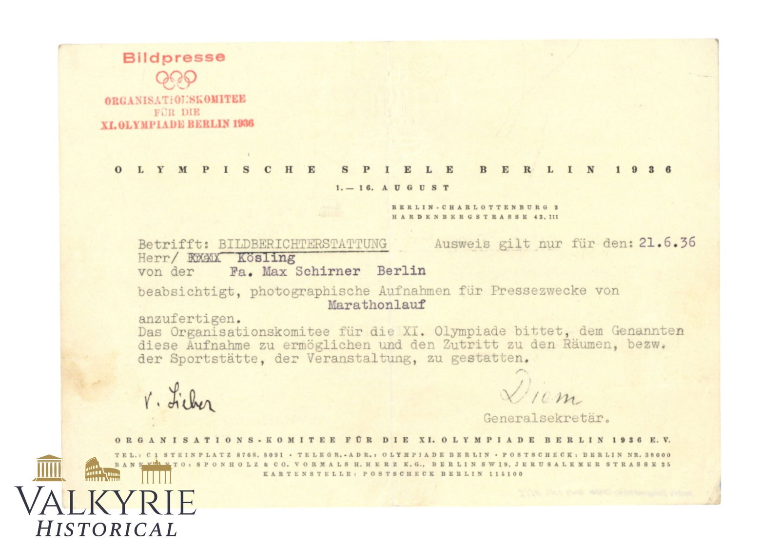 Informative Note Sent to Photo Reporters Who Must Cover the Berlin Olympic Games in 1936 (1 of 2)