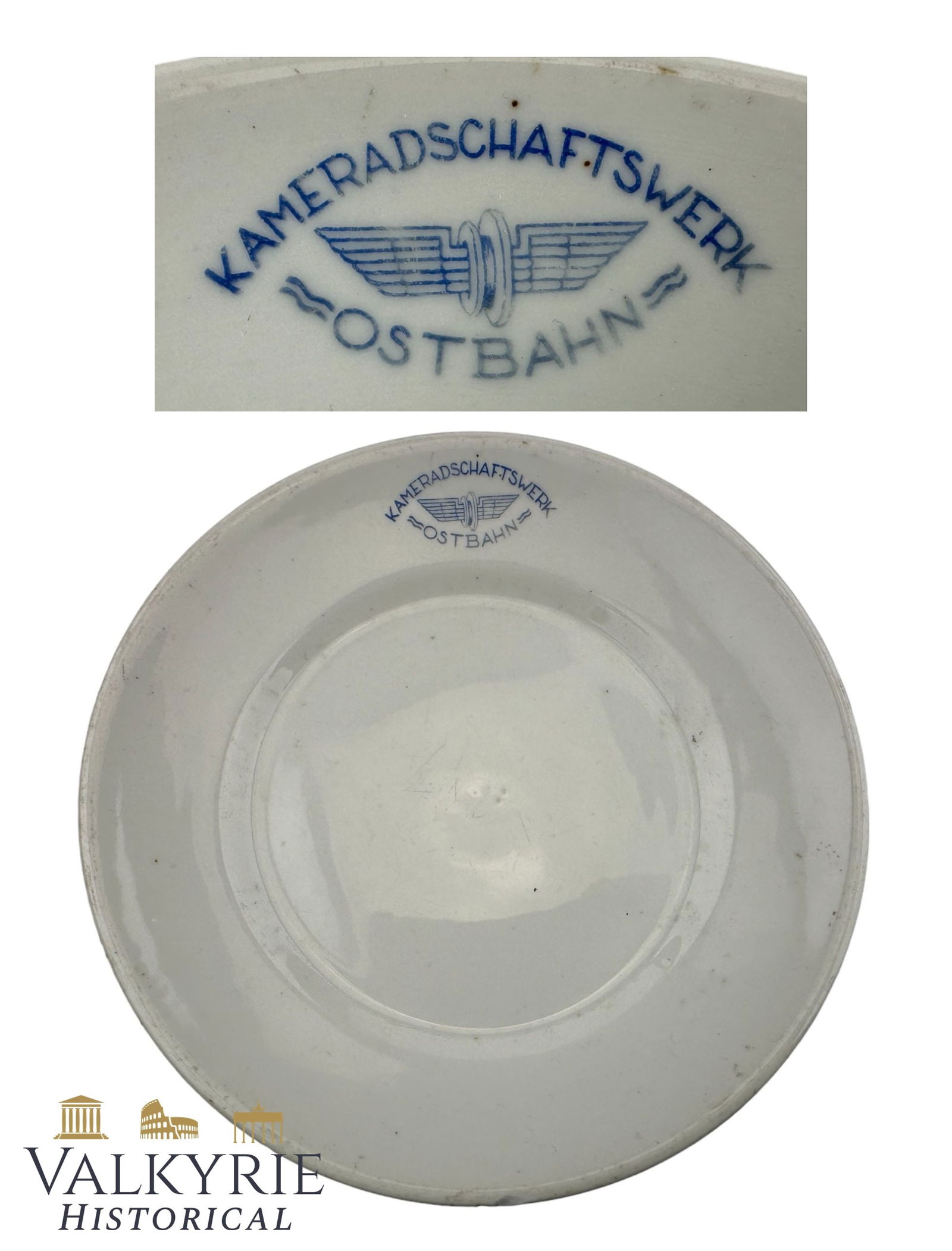 German Nazi Plate With a Stamp of the Comradeship Factory of the Ostbahn: German Nazi Plate With a Stamp of the Comradeship Factory of the Ostbahn. All items for this auction will be shipping from Europe. Shipping cost $25 it doesn't matter how many items you win.