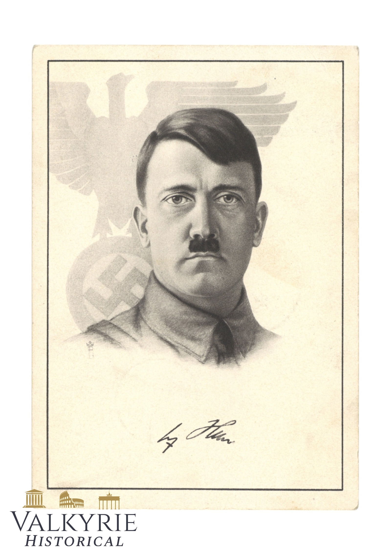 Commemorative Postcard of the Birthday of Adolf Hitler in 1938 - Non-Circulated: Commemorative Postcard of the Birthday of Adolf Hitler in 1938 - Non-Circulated. An illustration-portrait of Adolf Hitler with facsimile signature. With commemorative ink stamp of the birthday of the