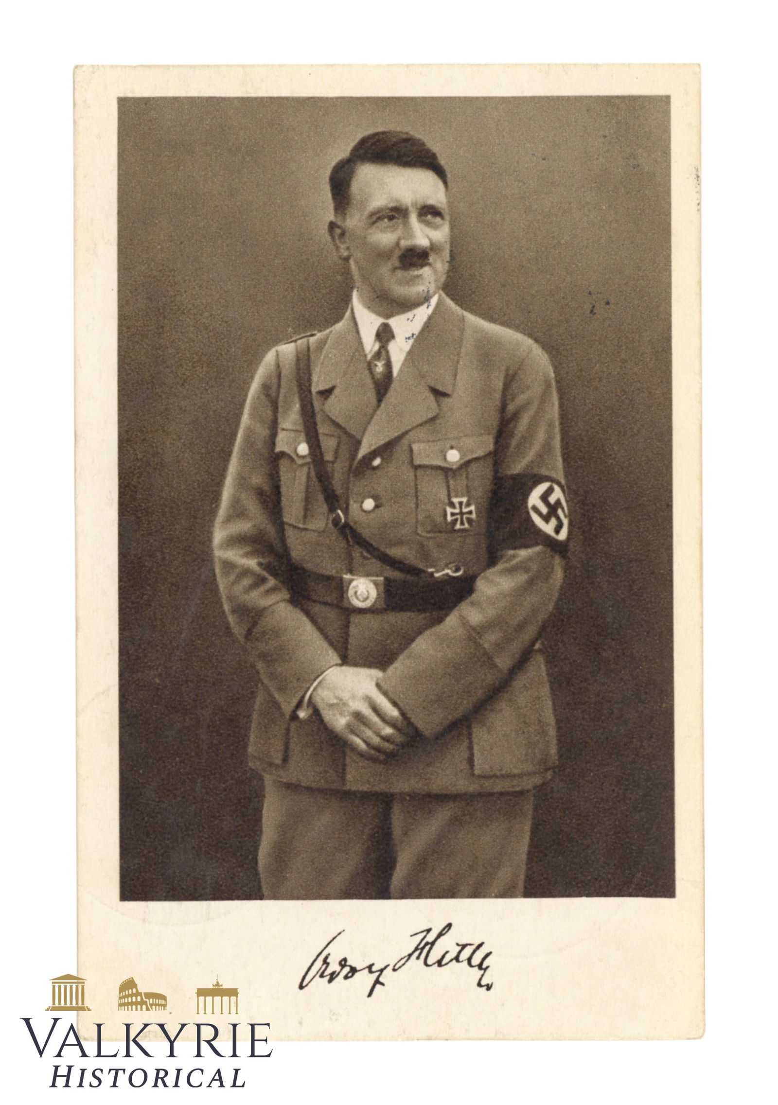 Commemorative Postcard of the Birthday of Adolf Hitler in 1938 - Circulated: Commemorative Postcard of the Birthday of Adolf Hitler in 1938 - Circulated. A portrait of Adolf Hitler with facsimile signature. With commemorative ink stamp of the birthday of the Fuhrer. All items