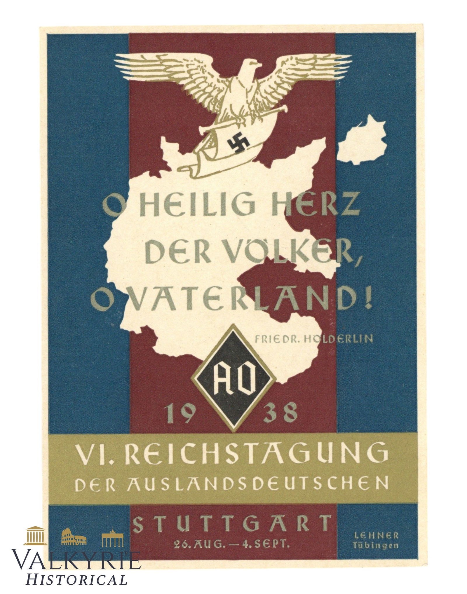German Postcard Commemorating the VI. Reich Convention of the Germans Abroad Org. - 1938 (1 of 2)
