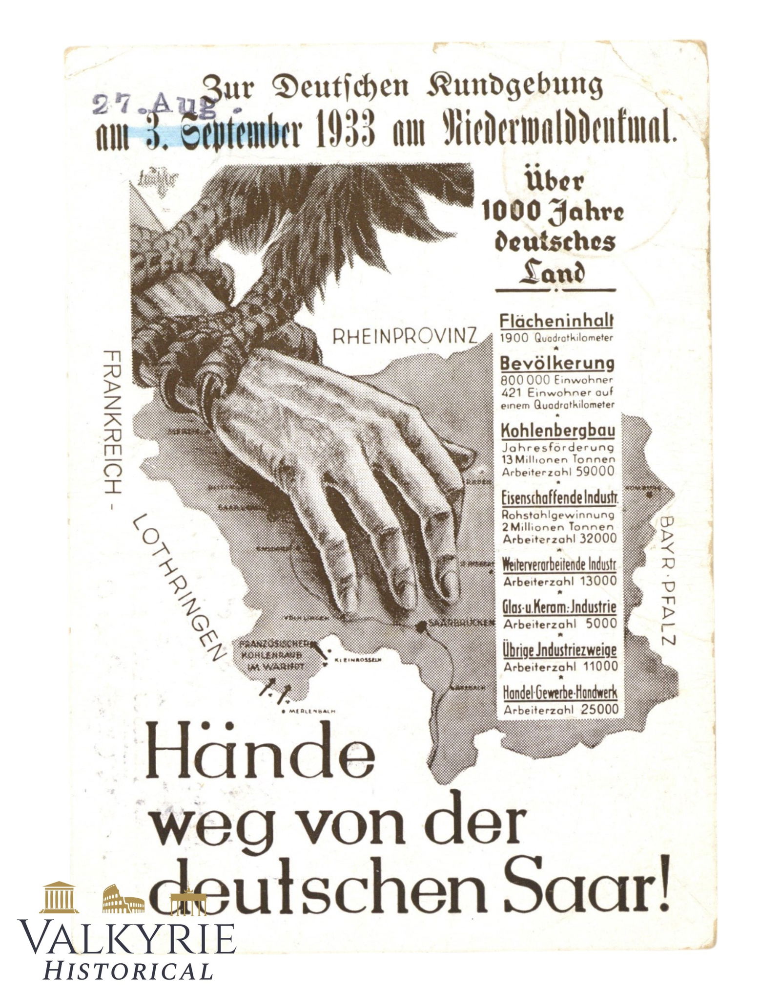 German Propaganda Postcard of the Annexation of the Saar Territory "Hands Off German Saar!" 1933 (1 of 2)
