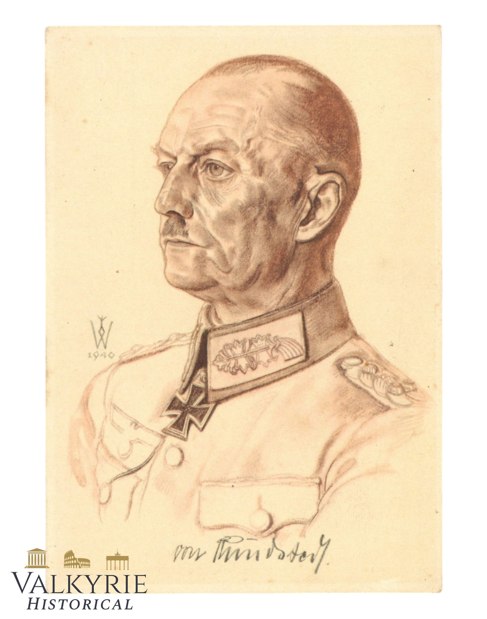 German Postcard With Willrich Drawn Portrait of Wehrmacht Generalfeldmarschall von Rundstedt (1 of 2)