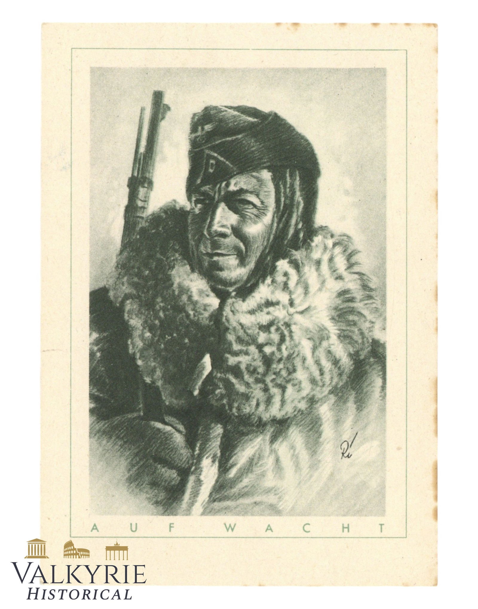 German Propaganda Postcard With Drawn Portrait of a WH Soldier "The German Soldier. On Guard!" (1 of 2)