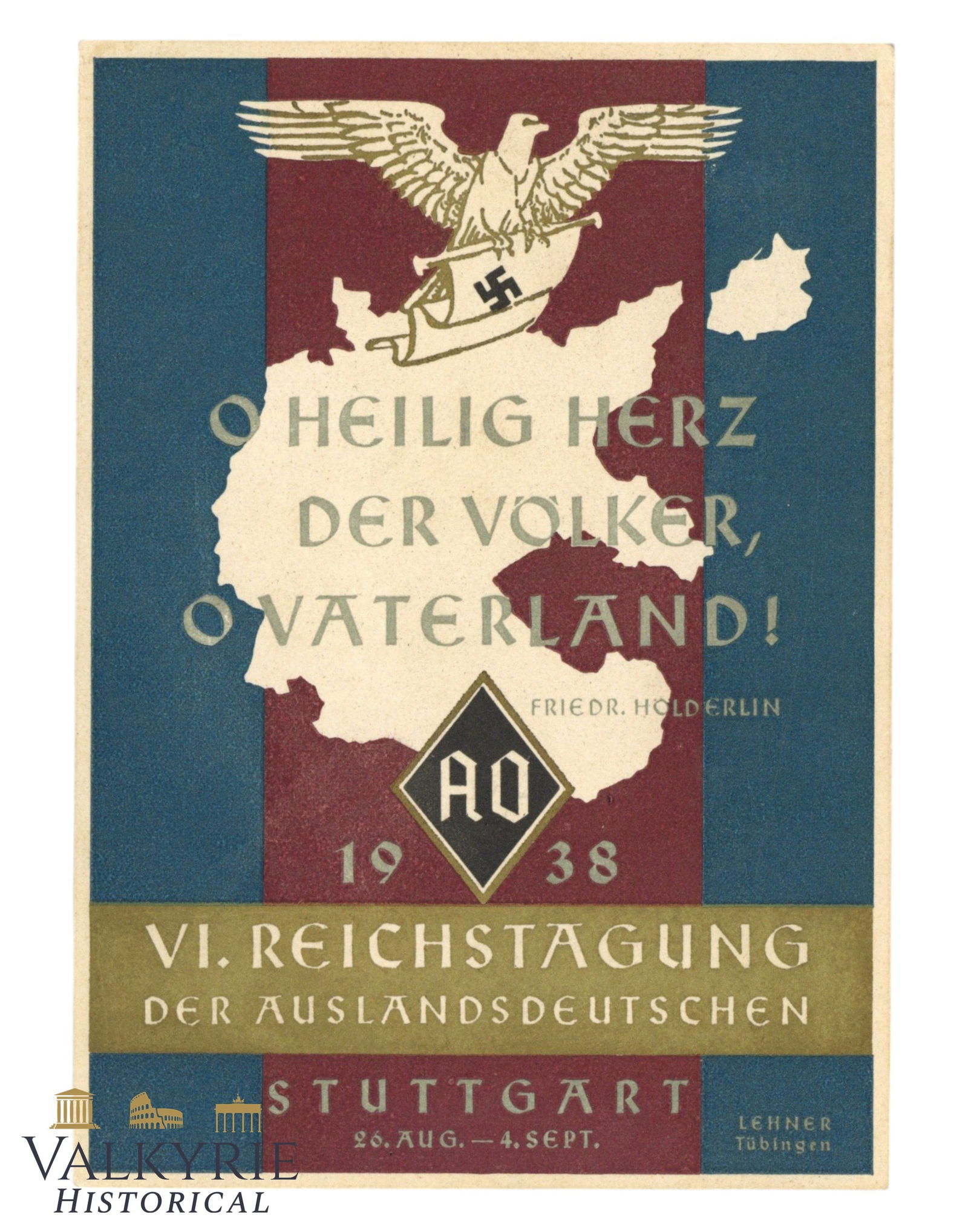 German Postcard Commemorating the VI. Reich Convention of the Germans Abroad Org. - 1938 (1 of 2)