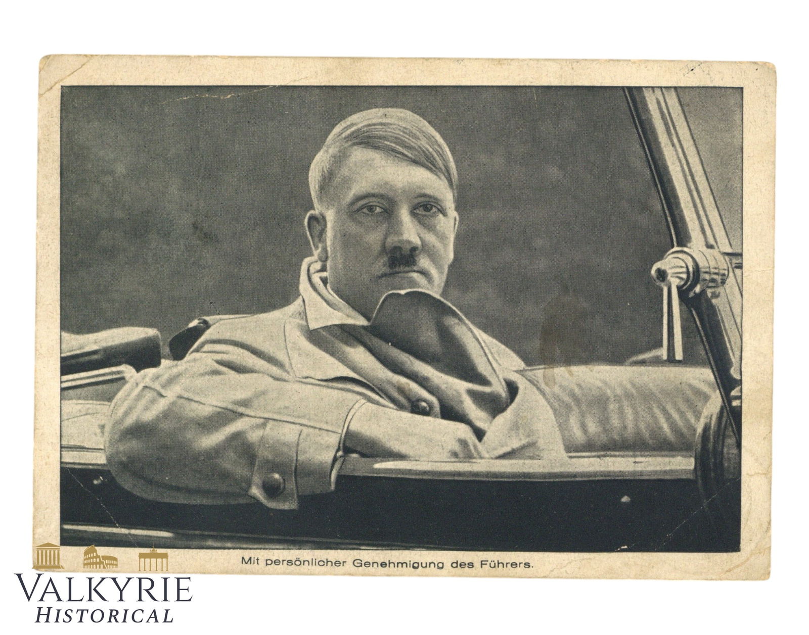 German Propaganda Postcard With a Retouched Photo of Adolf Hitler in His Car: German Propaganda Postcard With a Retouched Photo of Adolf Hitler in His Car. Circulated. All items for this auction will be shipping from Europe. Shipping cost $25 it doesn't matter how many items yo