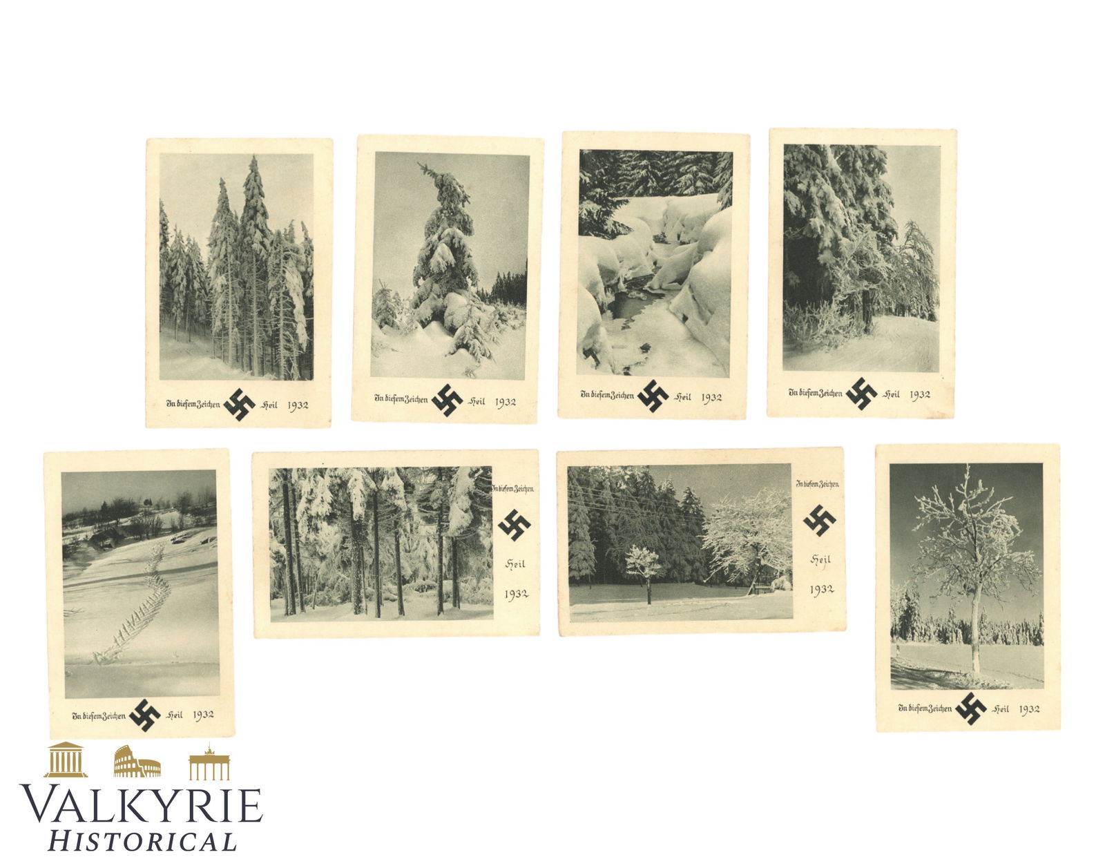 8 Nazi Propaganda Postcards With Bucolic Landscapes During Winter "In This Sign Heil 1932": 8 Nazi Propaganda Postcards With Bucolic Landscapes During Winter "In This Sign Heil 1932". Non-circulated. All items for this auction will be shipping from Europe. Shipping cost $25 it doesn't matter