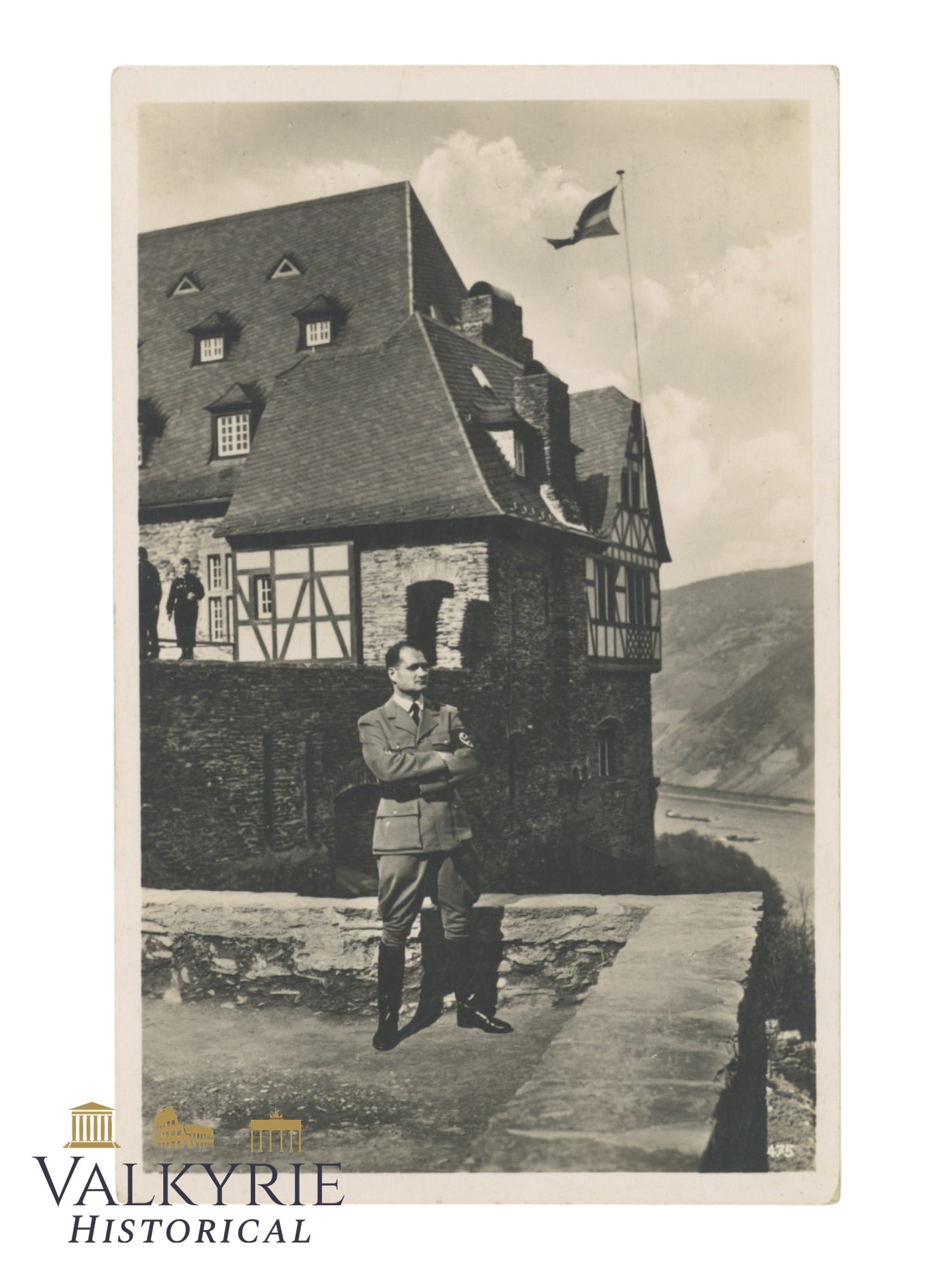 Nazi Propaganda Postcard With Photo of Rudolf Hess Posing With the Jugendburg Stahleck 1937: Nazi Propaganda Postcard With Photo of Rudolf Hess Posing With the Jugendburg Stahleck 1937. Non-circulated. All items for this auction will be shipping from Europe. Shipping cost $25 it doesn't matte