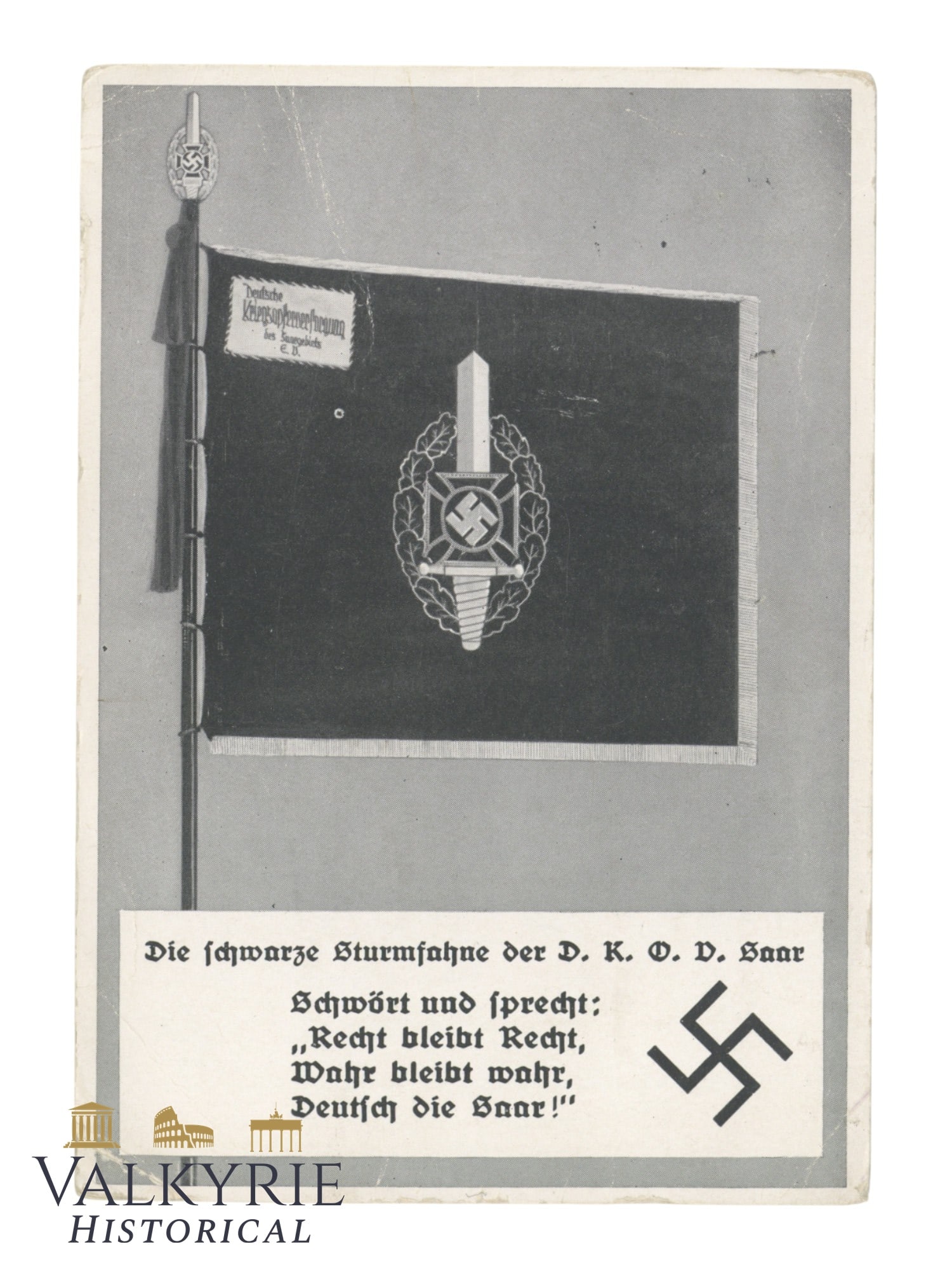 Nazi Propaganda Postcard of the NSKOV in Saarbruecken - NS War Victim's Care - Circulated: Nazi Propaganda Postcard of the NSKOV in Saarbruecken - NS War Victim's Care - Circulated. With a photo of the black banner of the NSKOV in Saar. All items for this auction will be shipping from Europ