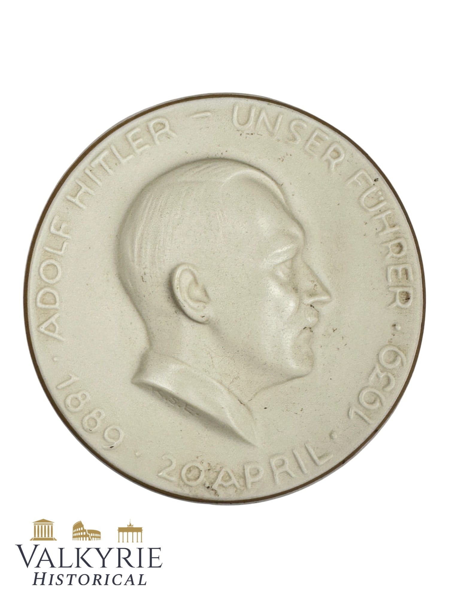 Commemorative Table Medallion For the Birthday of the Fuhrer Dedicated by Mayor of Nuremberg in 1939: Commemorative Table Medallion For the Birthday of the Fuhrer Dedicated by Mayor of Nuremberg in 1939. It says "Dedicated to the Nuremberg school youth on April 20. 1939 by the Mayor of the City of the