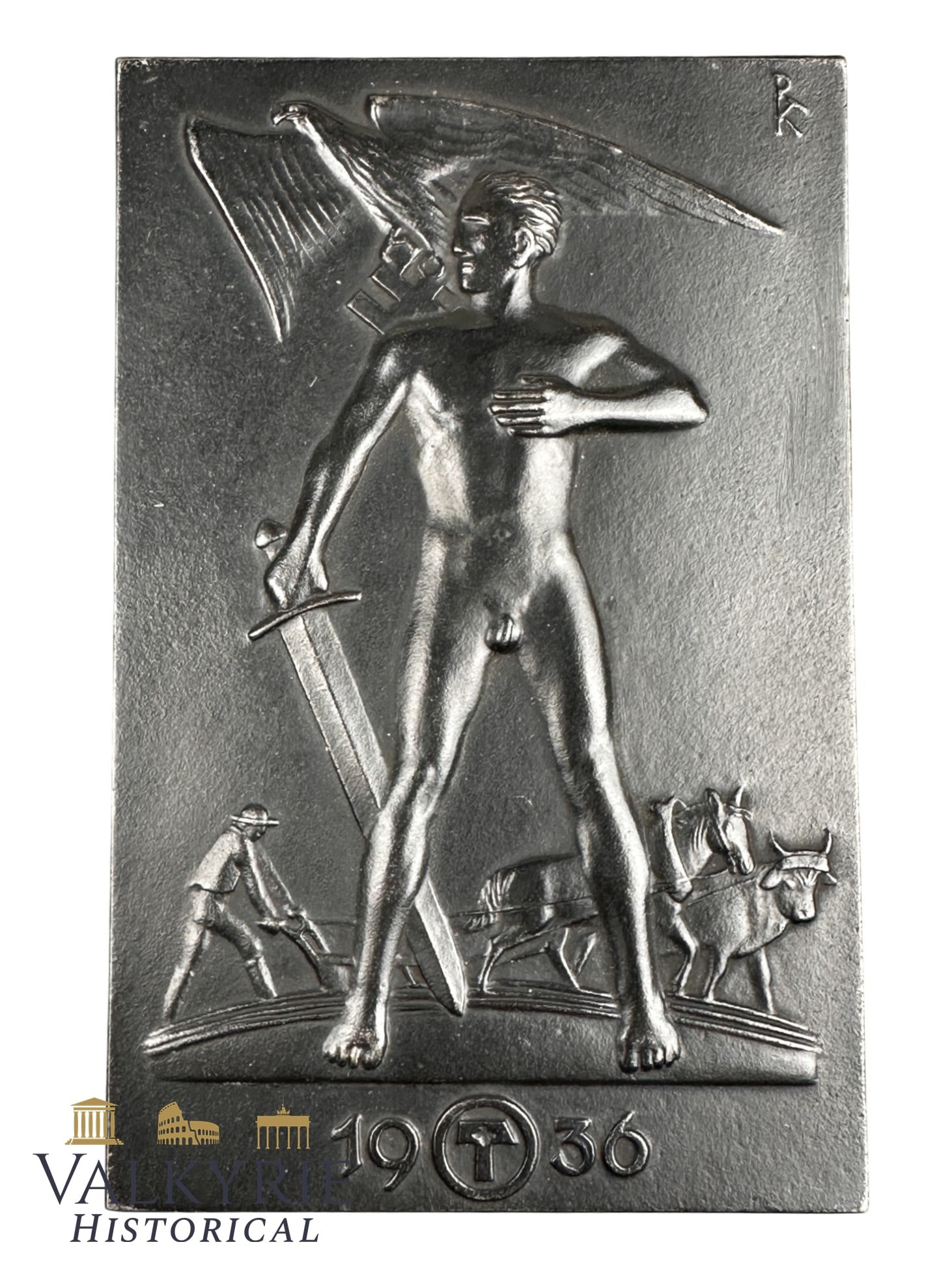 Nazi Decorative Metal Plaque With Farming and Soil Allegory From 1936: Nazi Decorative Metal Plaque With Farming and Soil Allegory From 1936. All items for this auction will be shipping from Europe. Shipping cost $25 it doesn't matter how many items you win.