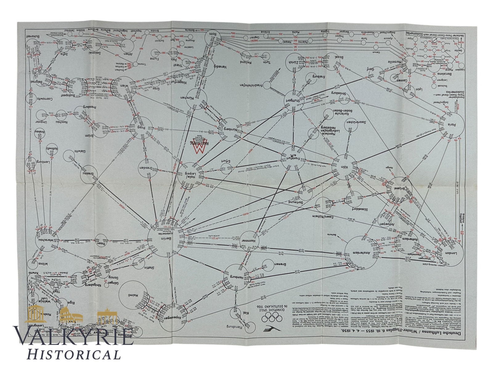 Foldable Winter Flights Map and Time Schedule of German Airline Lufthansa "6.10.1935 to 4.4.1936": Foldable Winter Flights Map and Time Schedule of German Airline Lufthansa "6.10.1935 to 4.4.1936". All the scales, flights, destinations and time tables for those flights. All items for this auction w
