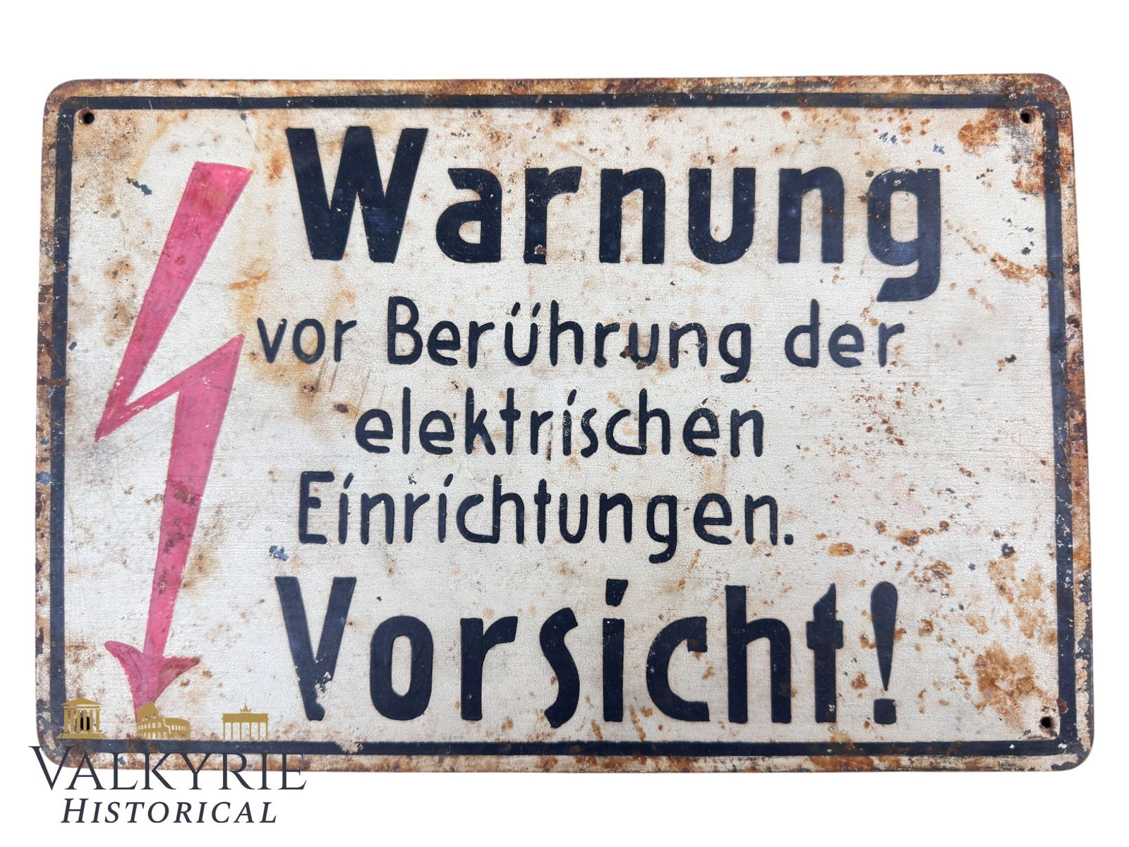 Old German Metal Plaque of III Reich Period "Warning: Do Not Touch Electrical Equipment. Caution!": Old German Metal Plaque of III Reich Period "Warning: Do Not Touch Electrical Equipment. Caution!". Hand painted over white lacquered metal. Size: 30x20cm. All items for this auction will be shipping