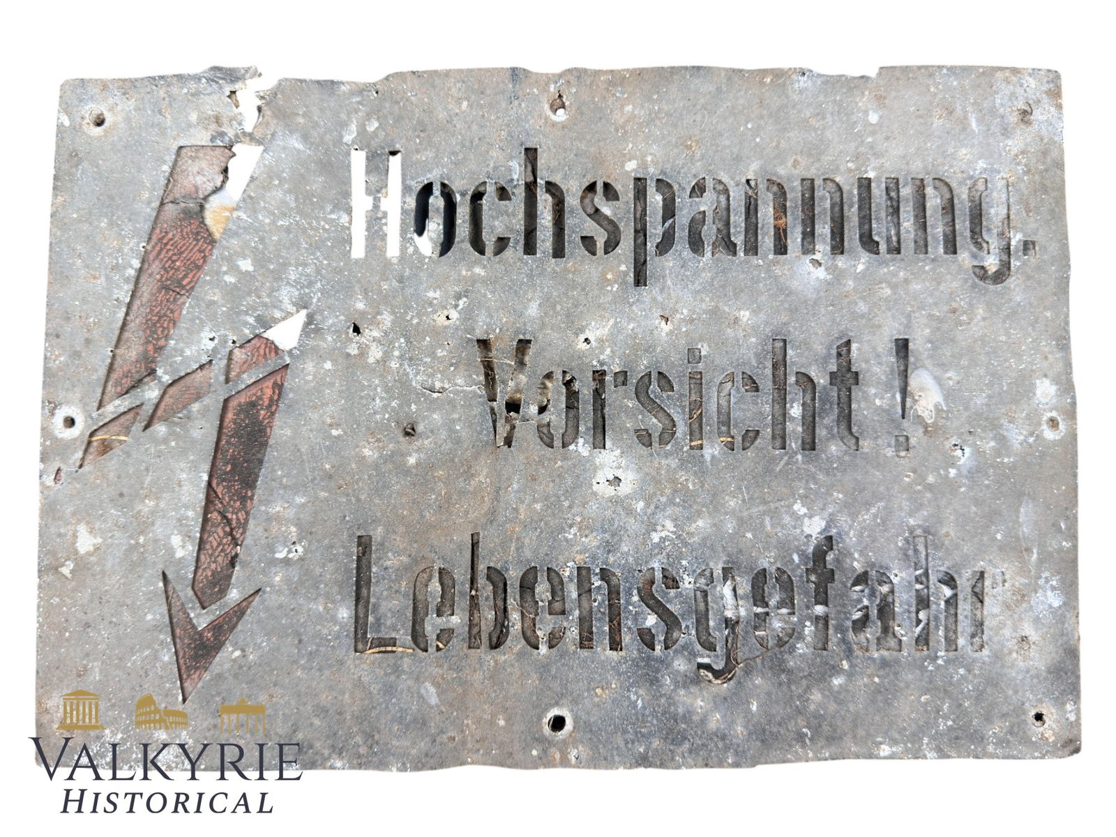 German Ground Dug Electrified Fence Warning Metal Plaque From Concentration Camp Perimeter: German Ground Dug Electrified Fence Warning Metal Plaque From Concentration Camp Perimeter. Almost complete but due to the years of being buried, it has damage to the back although it's perfectly read