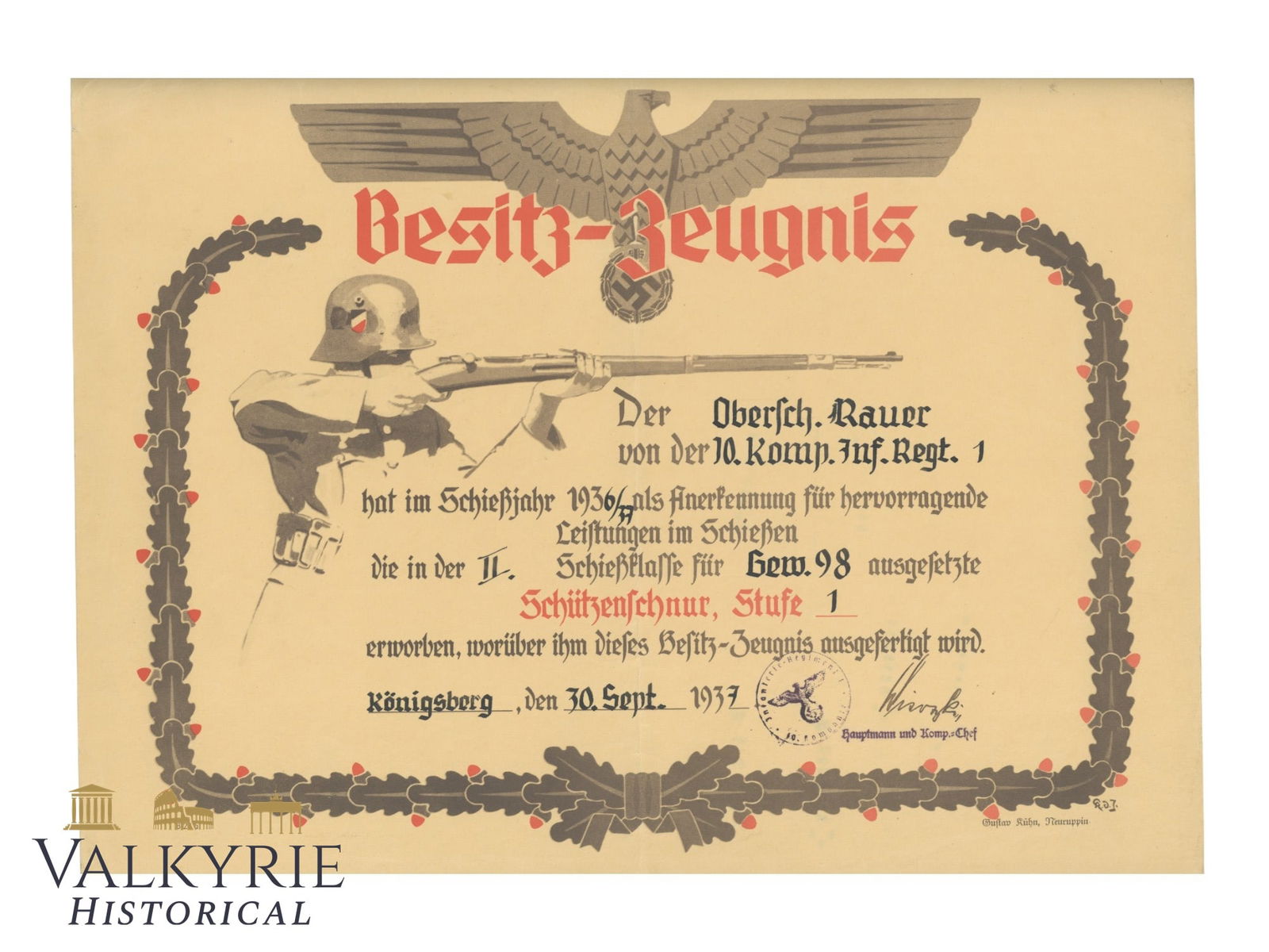 Certificate of Award to a Wehrmacht Private For Getting the Level 1 Shooting Lanyard Cord 1937: Certificate of Award to a Wehrmacht Private For Getting the Class 1 Shooting Lanyard in the year 1937 during shooting contest with the Gewehr 98 in Konigsberg. All items for this auction will be shipp