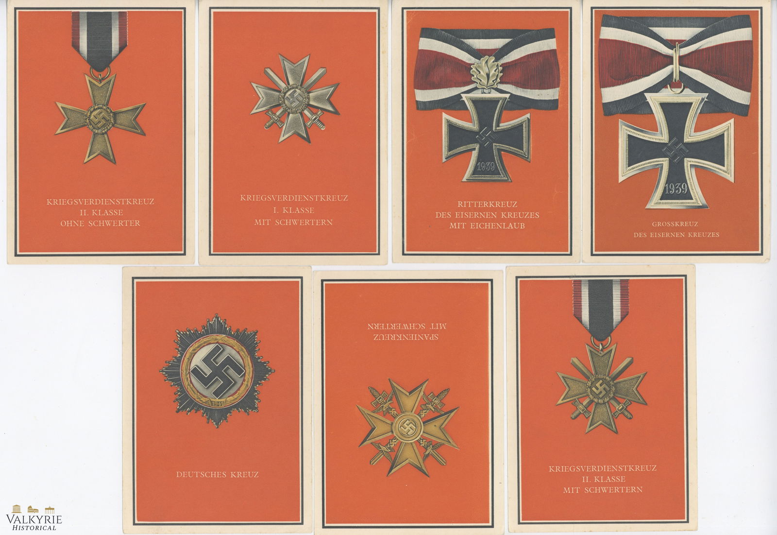 Set of 7 German III Reich Period Postcards With Artwork Related to German Military Awards: Set of 7 German III Reich Period Postcards With Artwork Related to German Military Awards. We can see the Iron Cross, the Knight's Cross to the Iron Cross, the Kriegsverdienstmedaille and the Deutsche