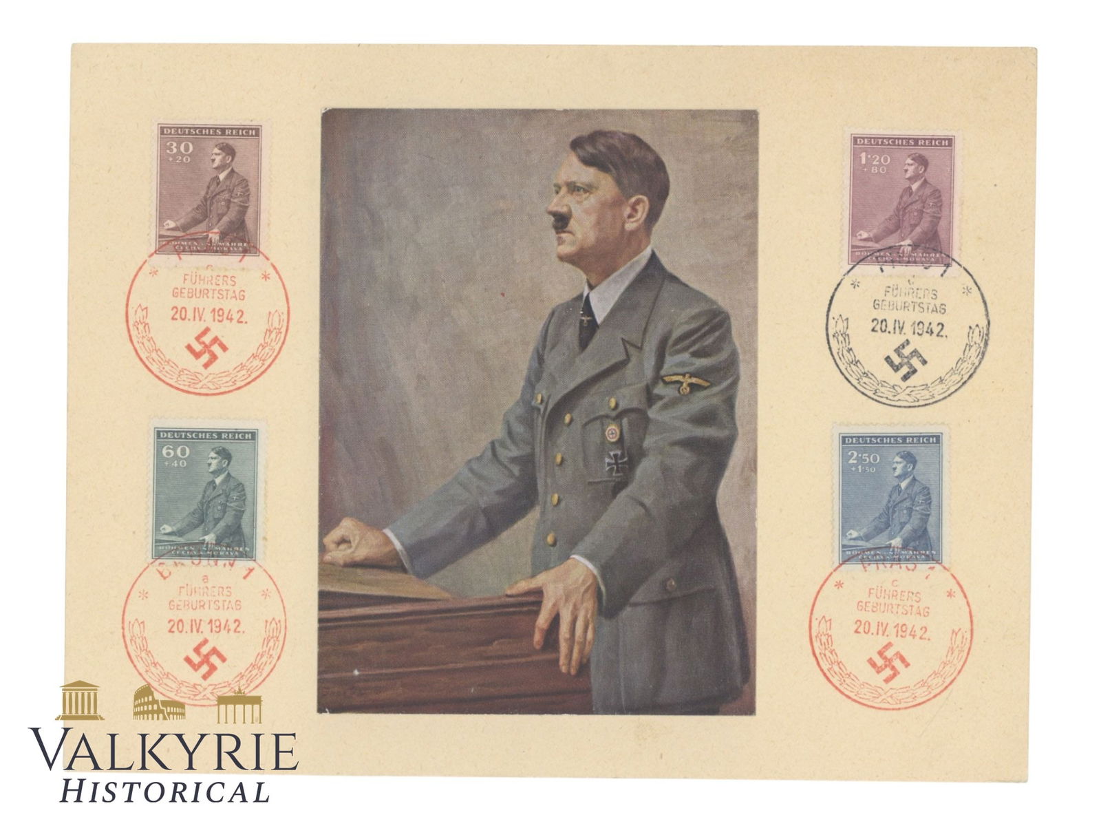 Set of 4 German Commemorative Adolf Hitler's 20th April 1942 Birthday Postal Stamps With Card: Set of 4 German Commemorative Adolf Hitler's 20th April 1942 Birthday Postal Stamps With Card. All 4 stamps are cancelled with ink stamp related to the same anniversary and the card on which are glued