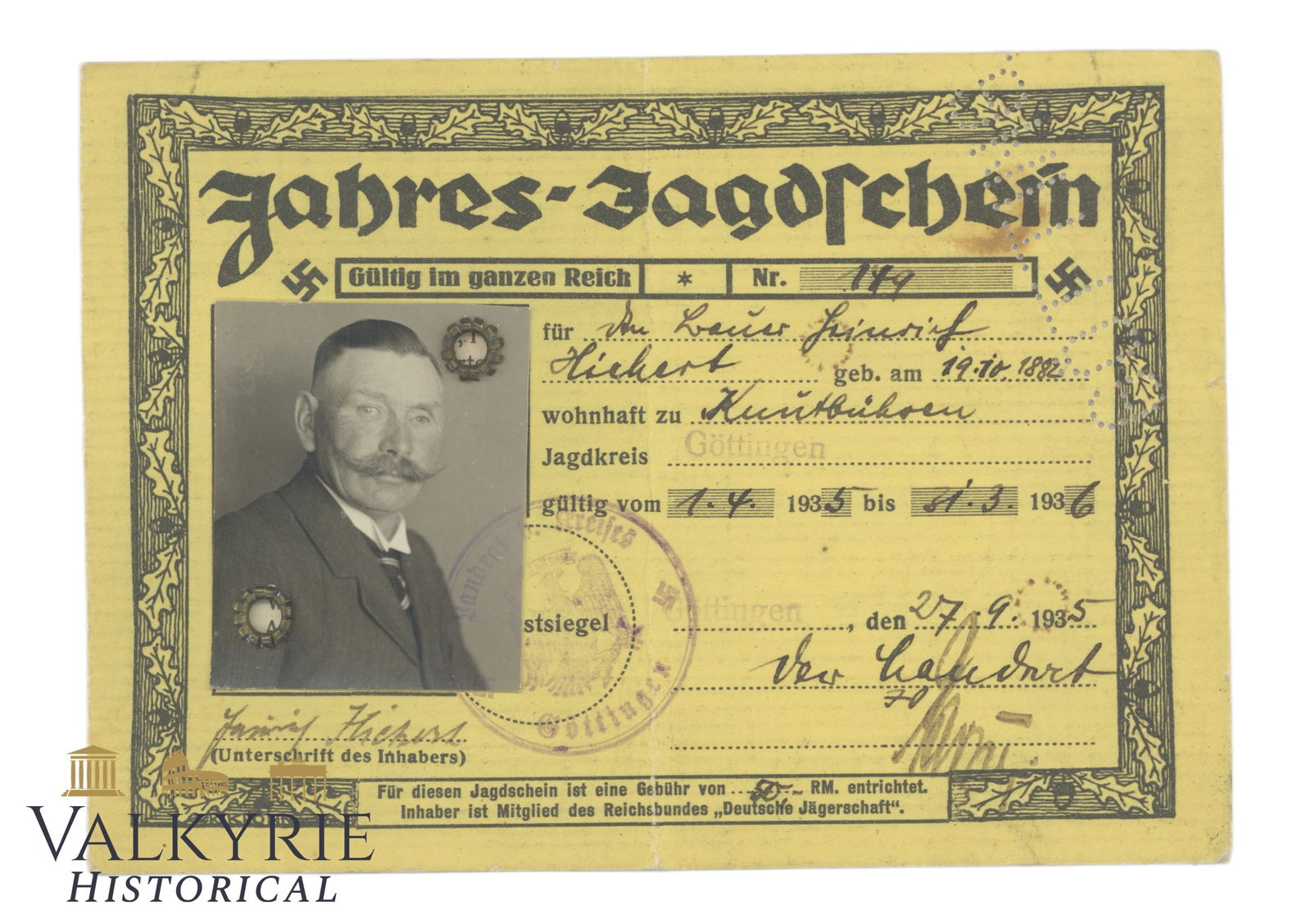 Rare German Hunting License Issued to a Hunter in Gottingen in 1935 Valid For 1 Year (1 of 2)