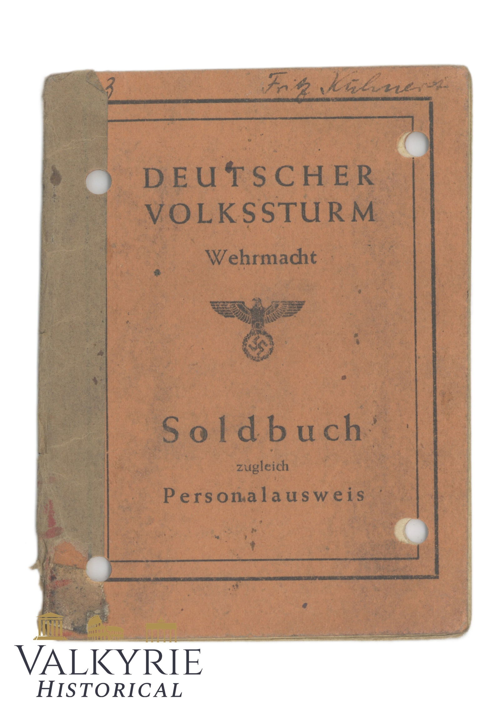 Interesting Soldbuch to a Member of the Deutscher Volkssturm of the Wehrmacht Issued in April 1945: Interesting Soldbuch to a Member of the Deutscher Volkssturm of the Wehrmacht Issued in April 1945 in Breslau. Only 1 month before the III Reich collapsed and surrendered. Worn condition and very nice