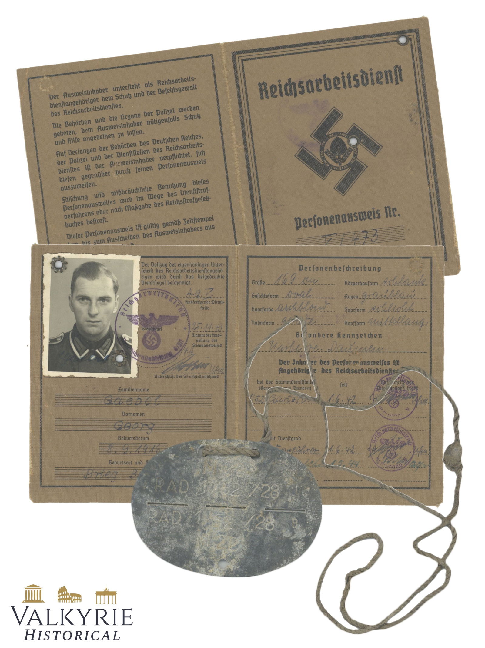 Personalausweis Issued in 1942 to a Member of the German RAD With His Dog Tag: Personalausweis Issued in 1942 to a Member of the German RAD (German Labor Service) With His Dog Tag with original cord. Personalausweis comes with his photo. All items for this auction will be shippi
