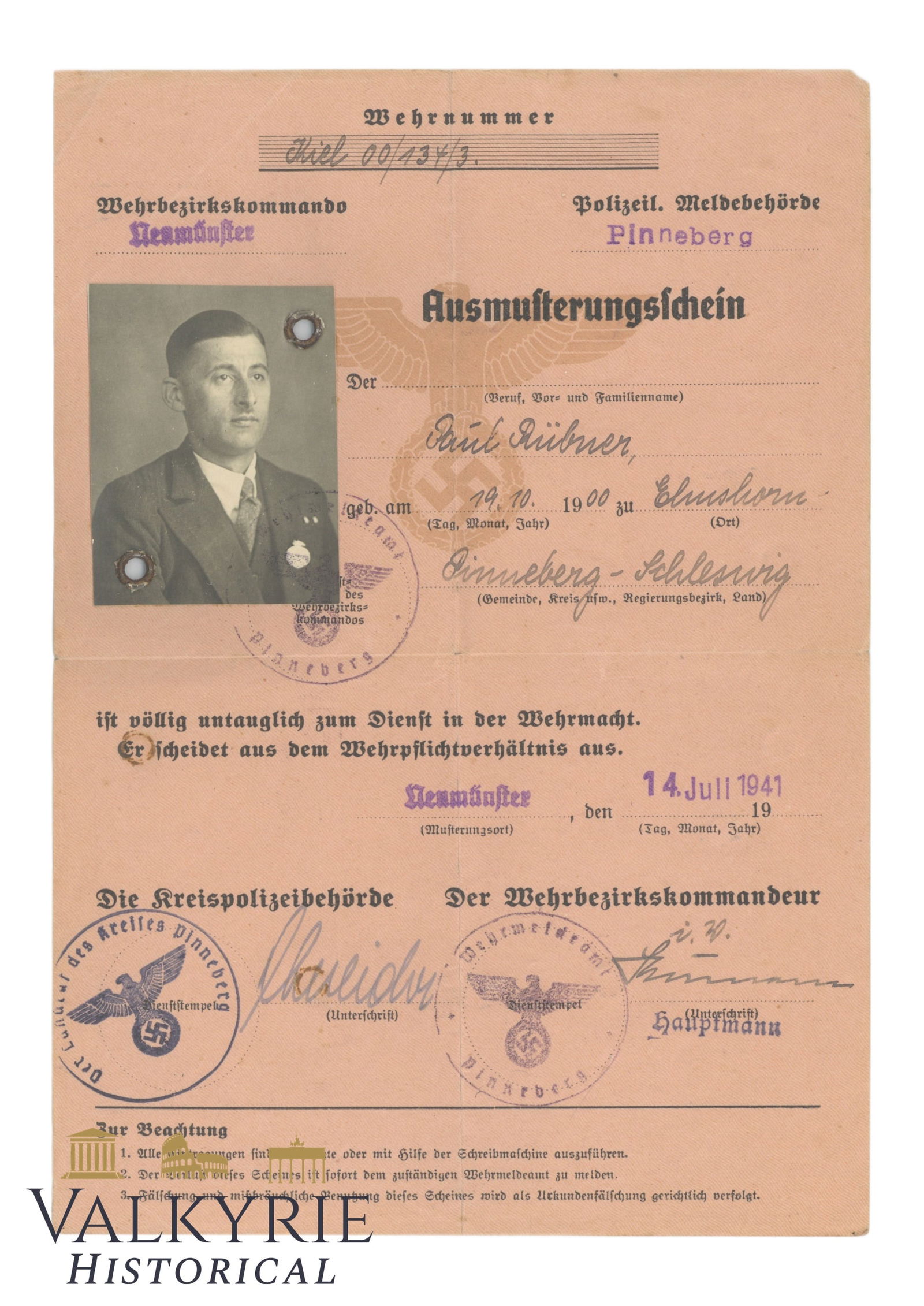German Wehrmacht Certificate of Removal From Service Issued to a Man in 1941 (1 of 2)
