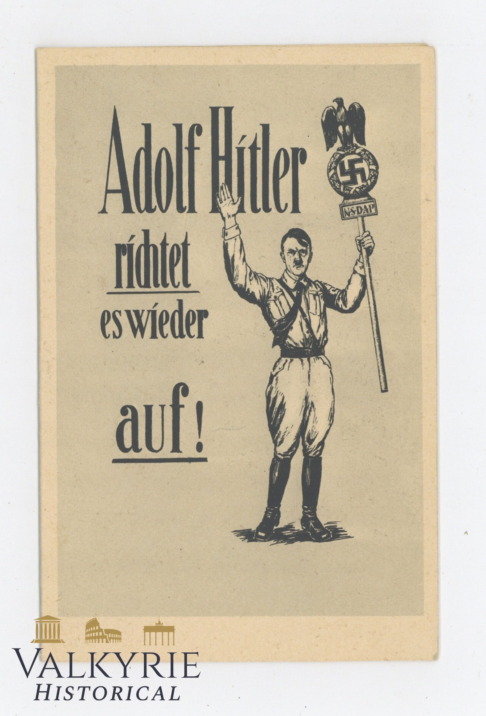 Rare Double Postcard of Nazi Propaganda Compraing Hitler With Arminius the Germanic Leader: Rare Double Postcard of Nazi Propaganda Comparing Hitler With Arminius the Germanic Leader. It says "Arminius Destroyed the National Emblem of the German Empire. Adolf Hitler Raises It Again!". Non-ci
