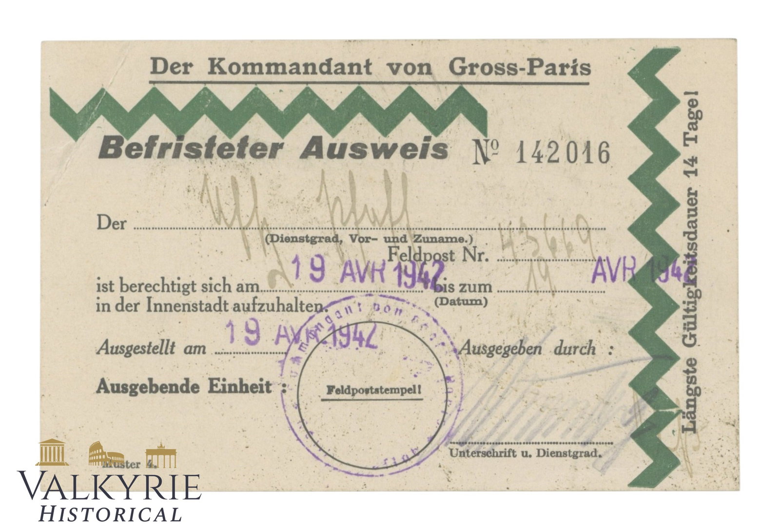 Temporary Passport Issued in 1942 to a German Soldier in Greater Paris Occupied by Germans: Temporary Passport Issued in 1942 to a German Soldier in Greater Paris Occupied by Germans. Issued by the Commandant of Greater Paris only for a single day. All items for this auction will be shipping