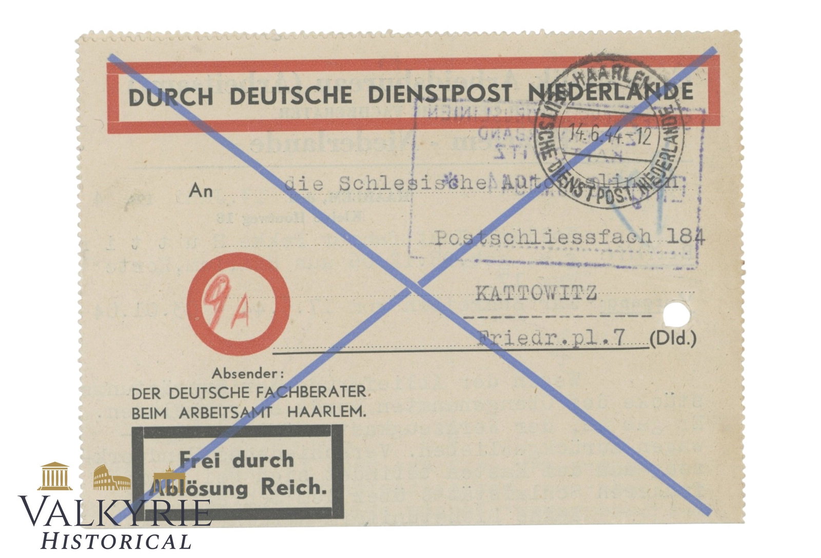 Letter Sent in 1944 From German Occupied Netherlands in Haarlem From Employment Office: Letter Sent in 1944 From German Occupied Netherlands in Haarlem From Employment Office to Kattowitz in Silesia ( Poland now ) . Letter deals with the deportation of a Dutch driver called Pokke Huttin.