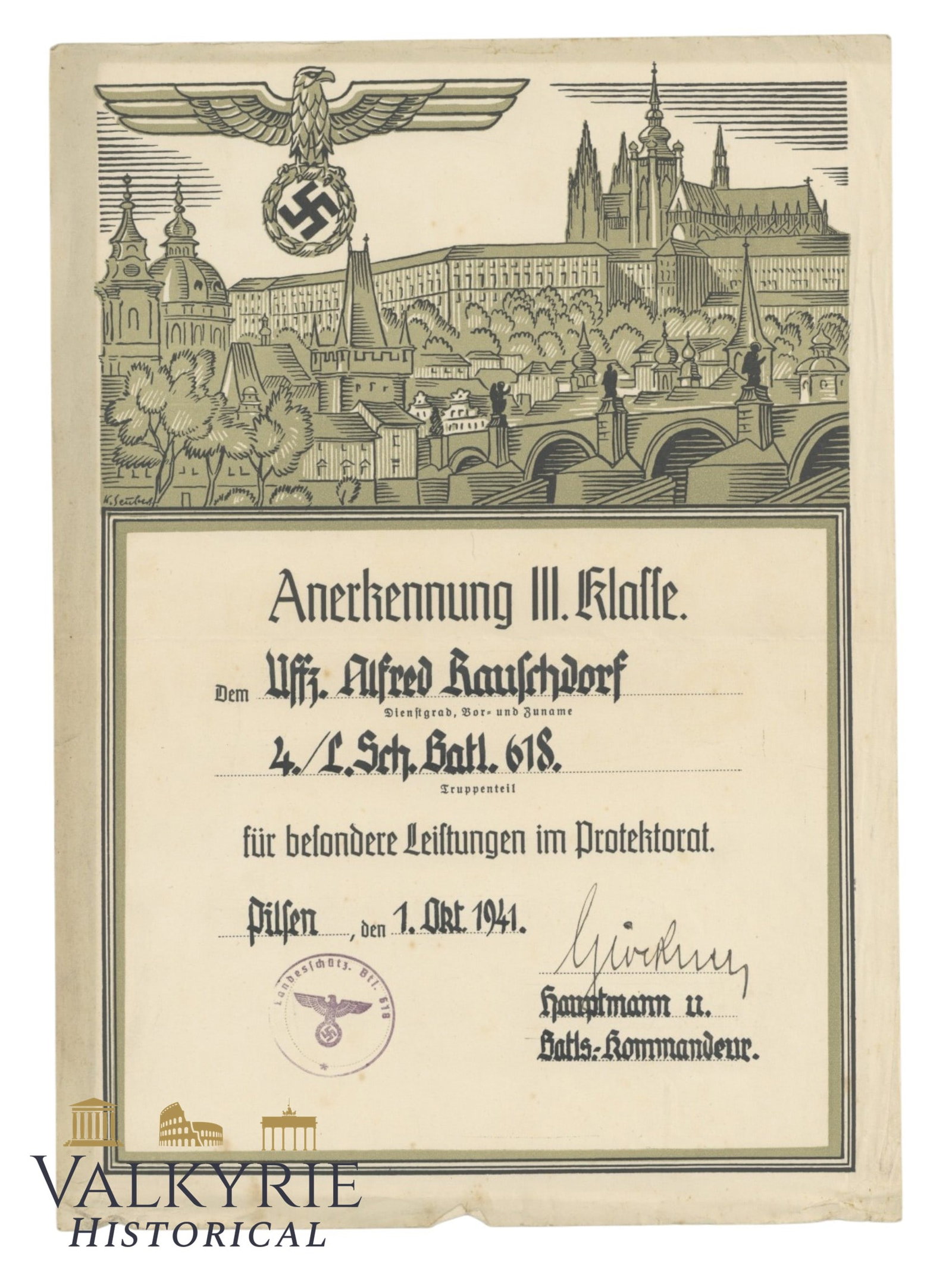 Special Services III Class Certificate Issued in 1941 to a German Soldier in the City of Pilsen (1 of 2)