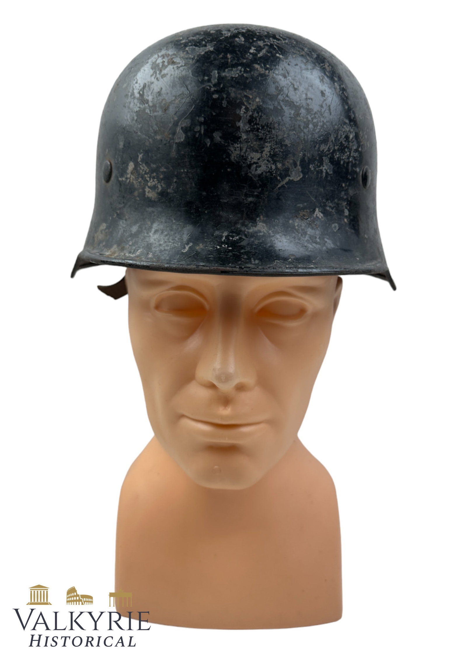 Well Worn Condition Stahlhlem / German Helmet of the Luftschutz With Neck Protector - Named: Well Worn Condition Stahlhelm / German Helmet of the Luftschutz With Neck Protector - Named. With the leather interior and the name of the owner "Ohmes" written on the leather. Black painted with many