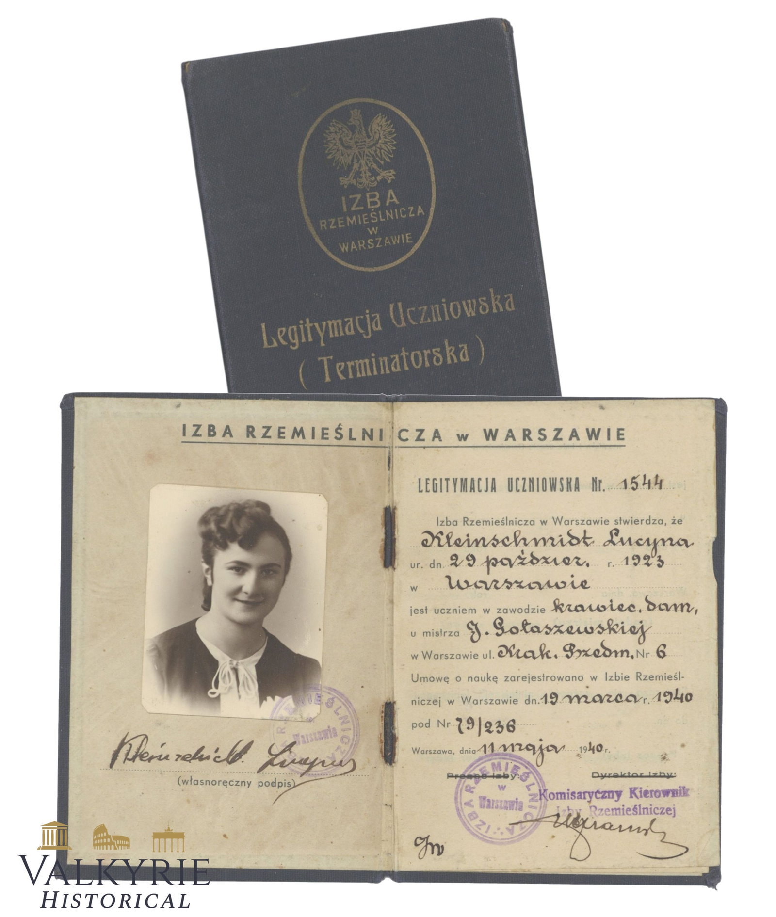 ID Issued in 1940 by Chamber of Crafts in Warsaw to a Polish Woman Who Was a Tailor in That City: ID Issued in 1940 by Chamber of Crafts in Warsaw to a Polish Woman Who Was a Tailor in That City. It comes with photo of the woman. It is written totally in Polish.We find info she passed away in 2010
