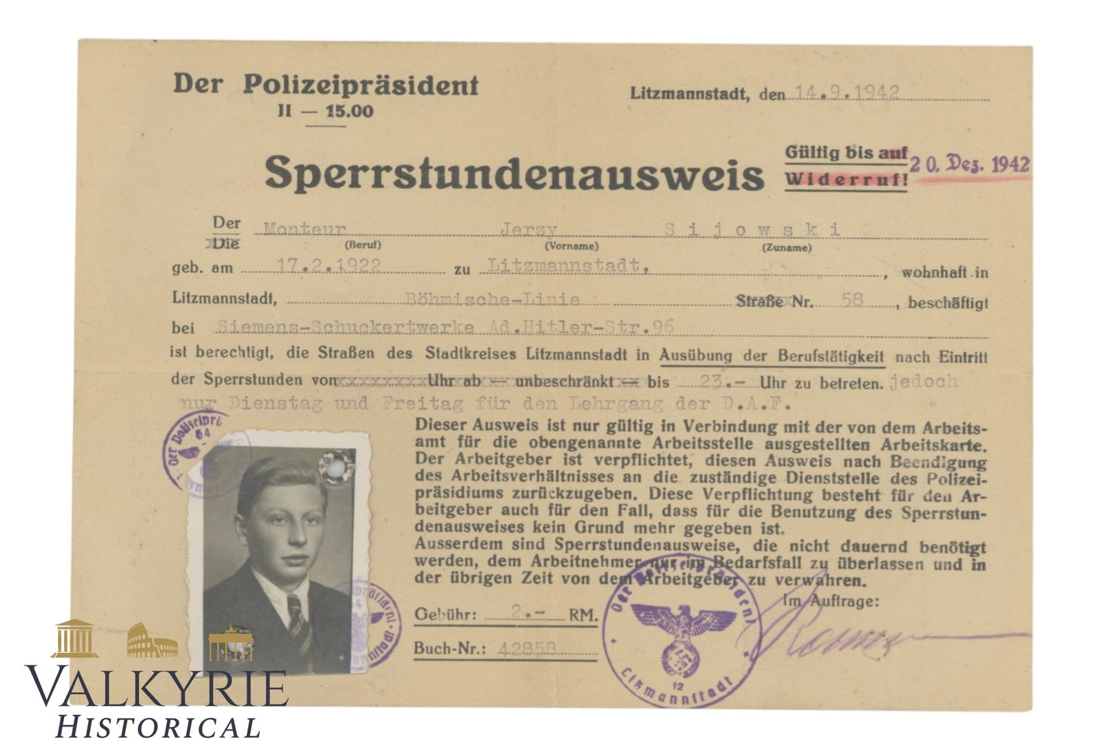 Safe-conduct Issued to Polish Worker by German Police in Occupied Lodz in 1942 (1 of 2)