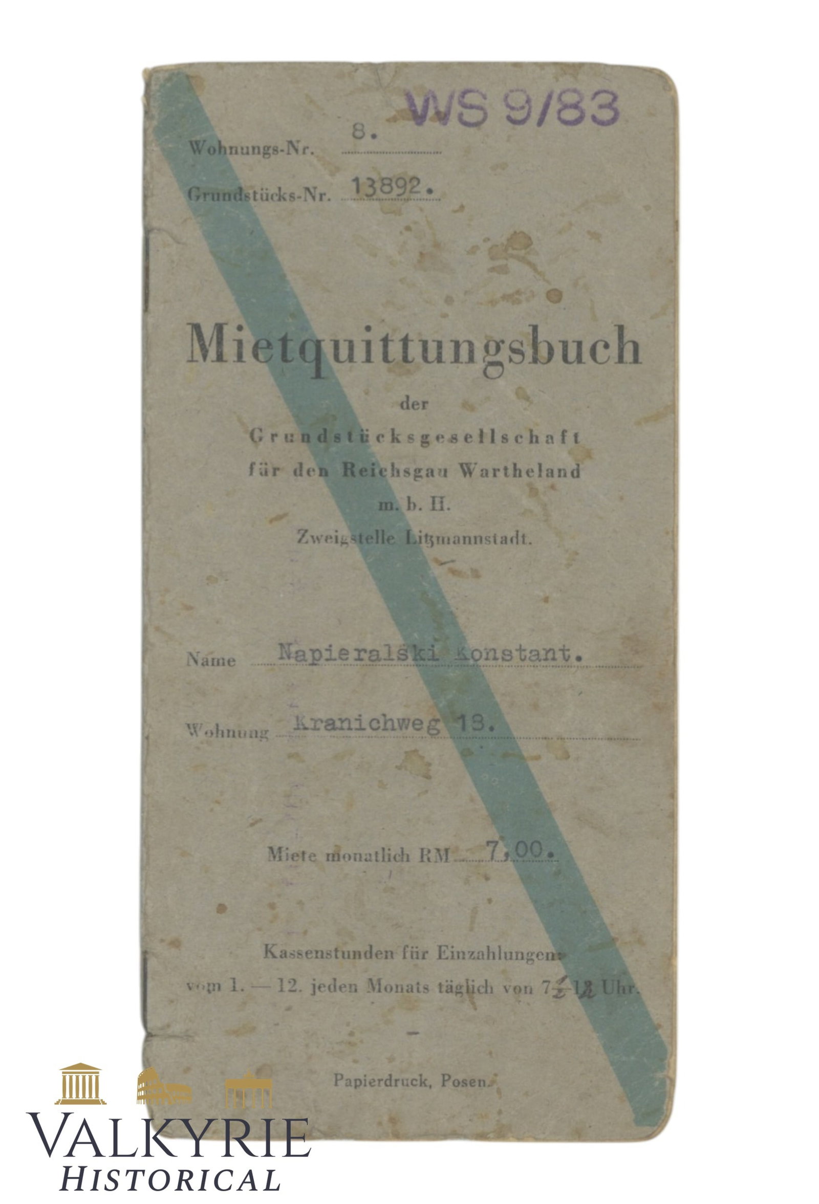 III Reich Period Used Rent Receipt Book Issued in to a Man From Litzmannstadt in the Wartheland: Very rare III Reich Period Used Rent Receipt Book Issued in to a Man From Litzmannstadt in the Wartheland. Shipping flat cost $25 it doesn't matter how many items you win. you pay just $25 for shippin